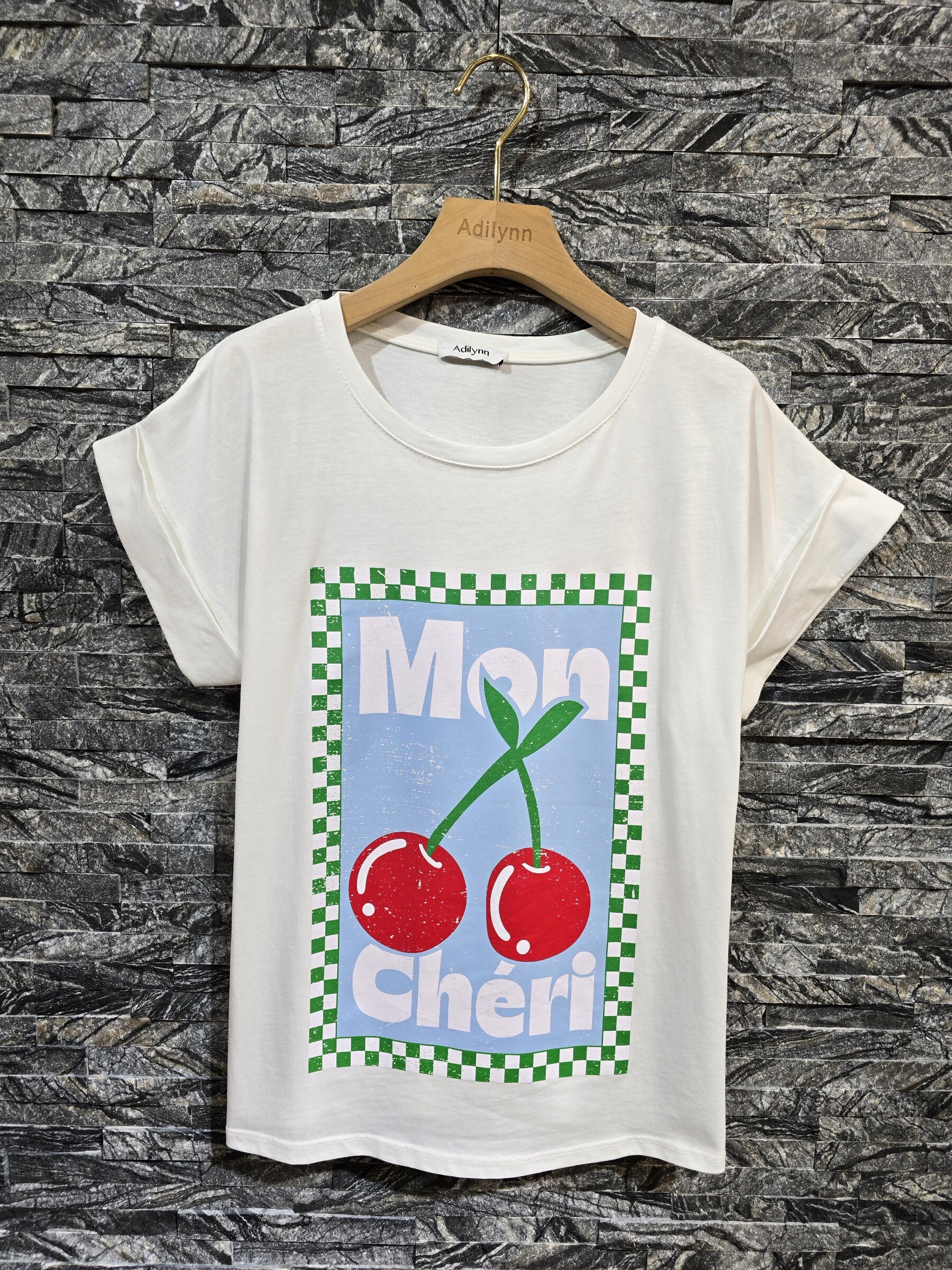 Grossiste Adilynn - T-shirt en coton, imprimé cerises "Mon chéri", col rond, manches courtes