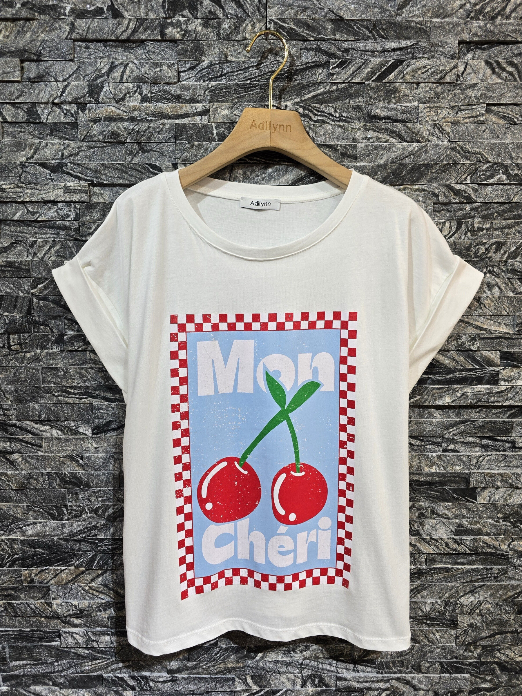 Wholesaler Adilynn - Cotton t-shirt, cherry print "my darling", round neck, short sleeves