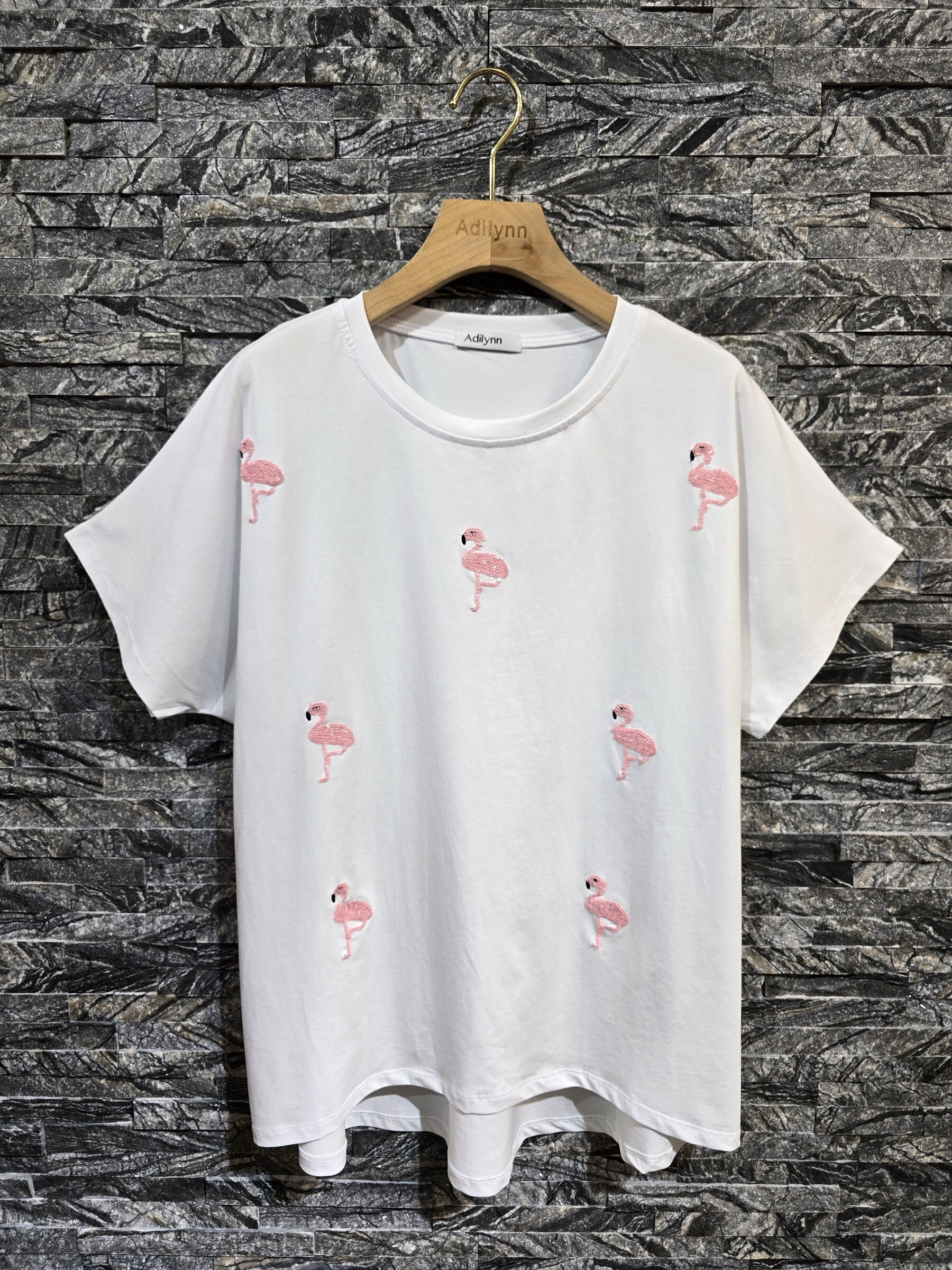 Wholesaler Adilynn - Round neck t-shirt with flamingos in sequins, short sleeves