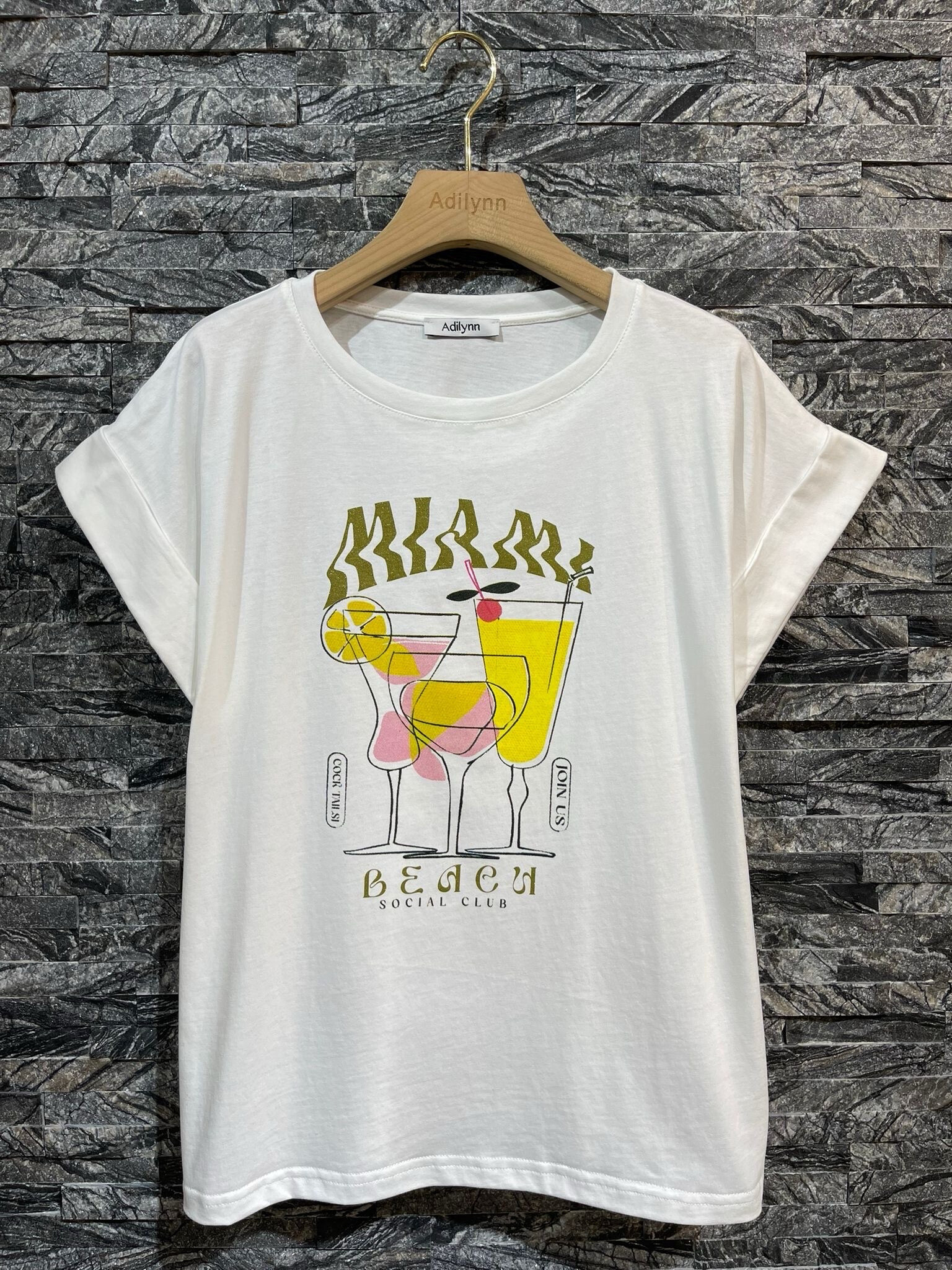 Wholesaler Adilynn - Cotton t-shirt, round neck, "miami beach" printed, short sleeves with reverse