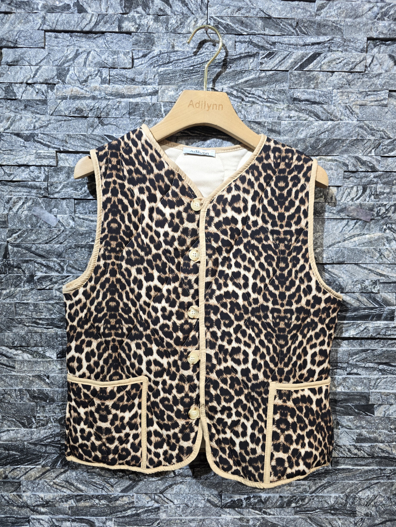 Großhändler Adilynn - Ärmellose Steppjacke mit Leopardenmuster, zwei Vordertaschen