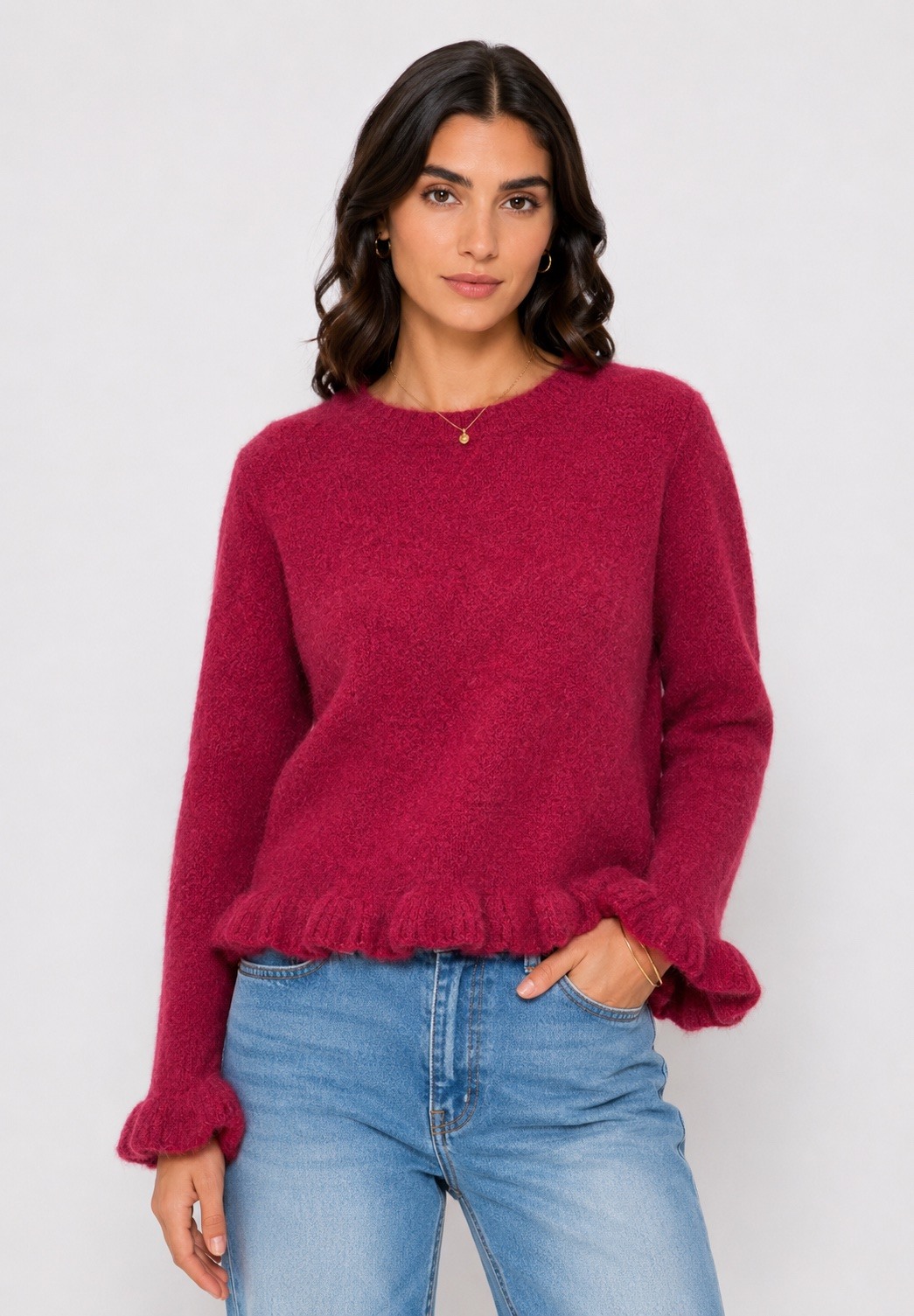 Mayorista Afinity - Suéter de Punto Suave de Color Sólido con Volantes