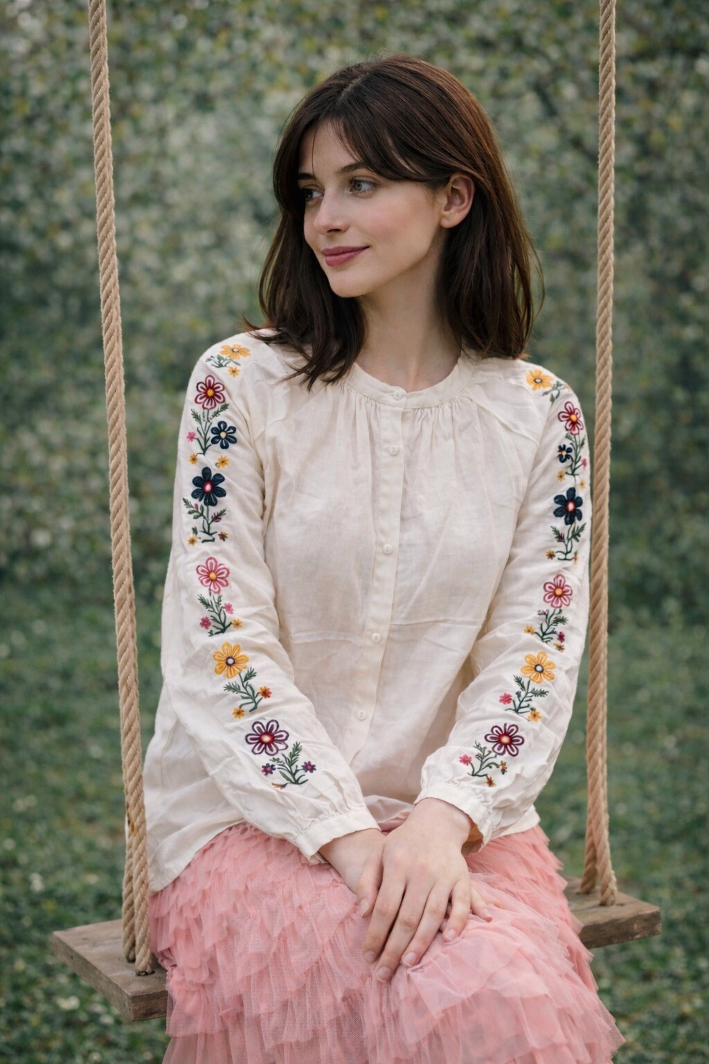 Grossiste AISABELLE - Blouse en coton légère ornée de délicates broderies florales sur les manches, au style romantique et bohème, parfaite pour une allure douce et élégante.