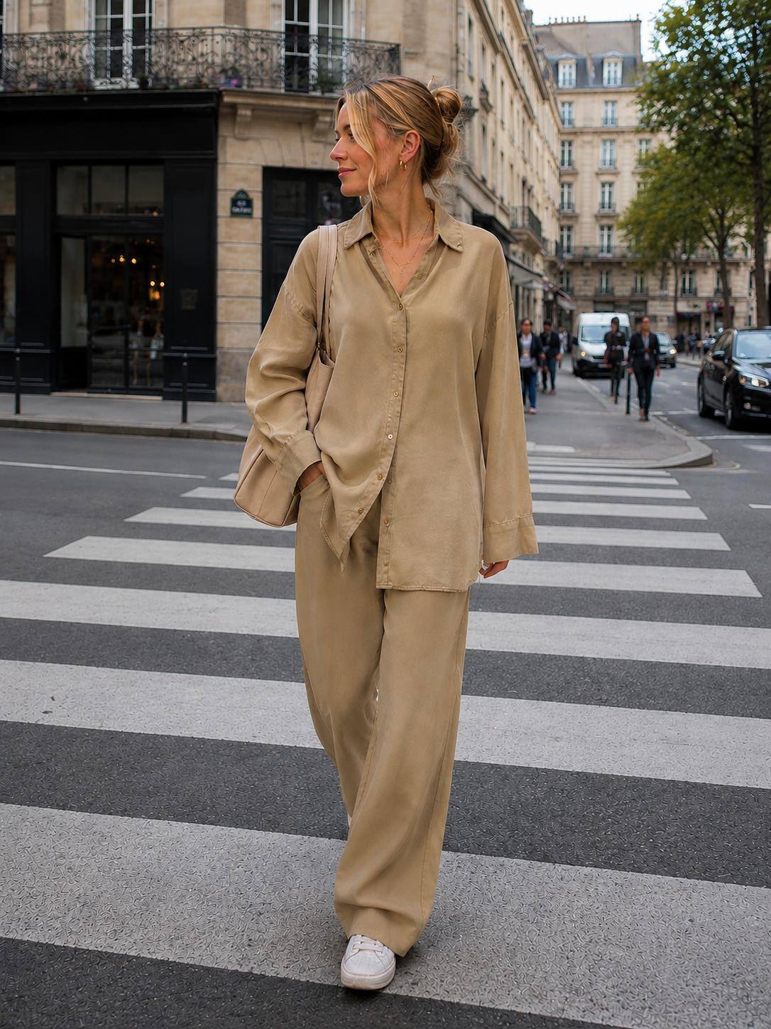 Grossiste AISABELLE - Ensemble femme chemise oversize boutonnée et pantalon large fluide, coupe décontractée et détails soignés pour un look casual chic moderne