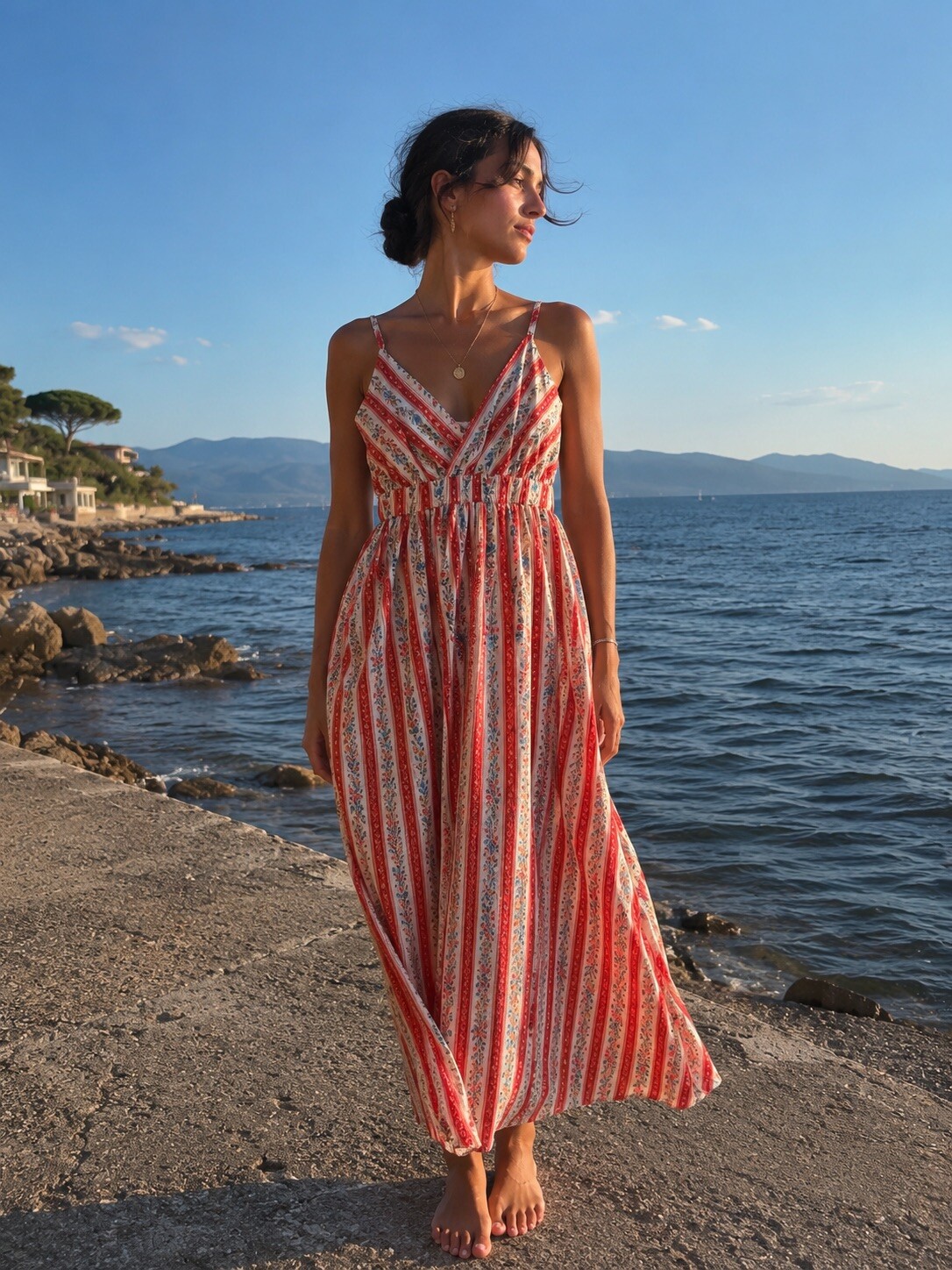 Grossista AISABELLE - Abito lungo da donna con spalline sottili, scollo a portafoglio, stampa a righe e motivi floreali, vita segnata e taglio fluido per uno stile bohémien.