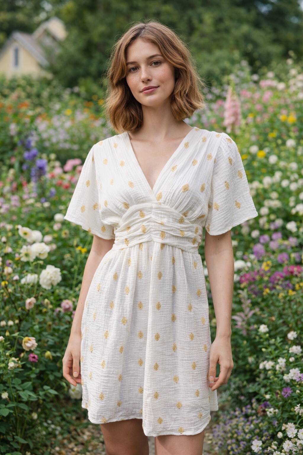 Grossiste AISABELLE - Tunique en gaze de coton brodée épis de blé, à manches courtes avec encolure cache-cœur, coupe fluide et légère pour un style estival et féminin.