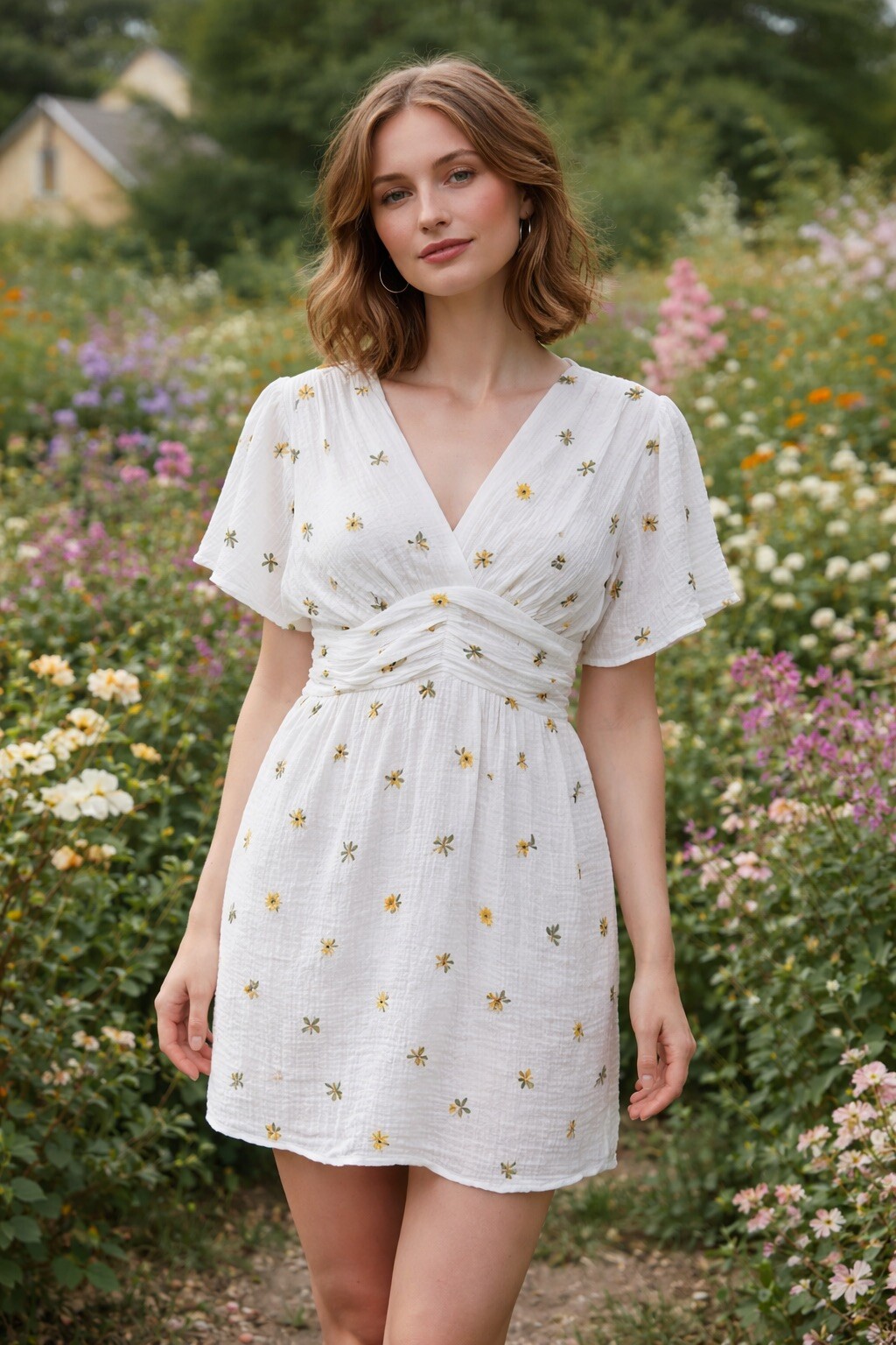 Grossiste AISABELLE - Tunique brodée à manches courtes avec encolure cache-cœur, coupe fluide et légère pour un style estival et féminin.