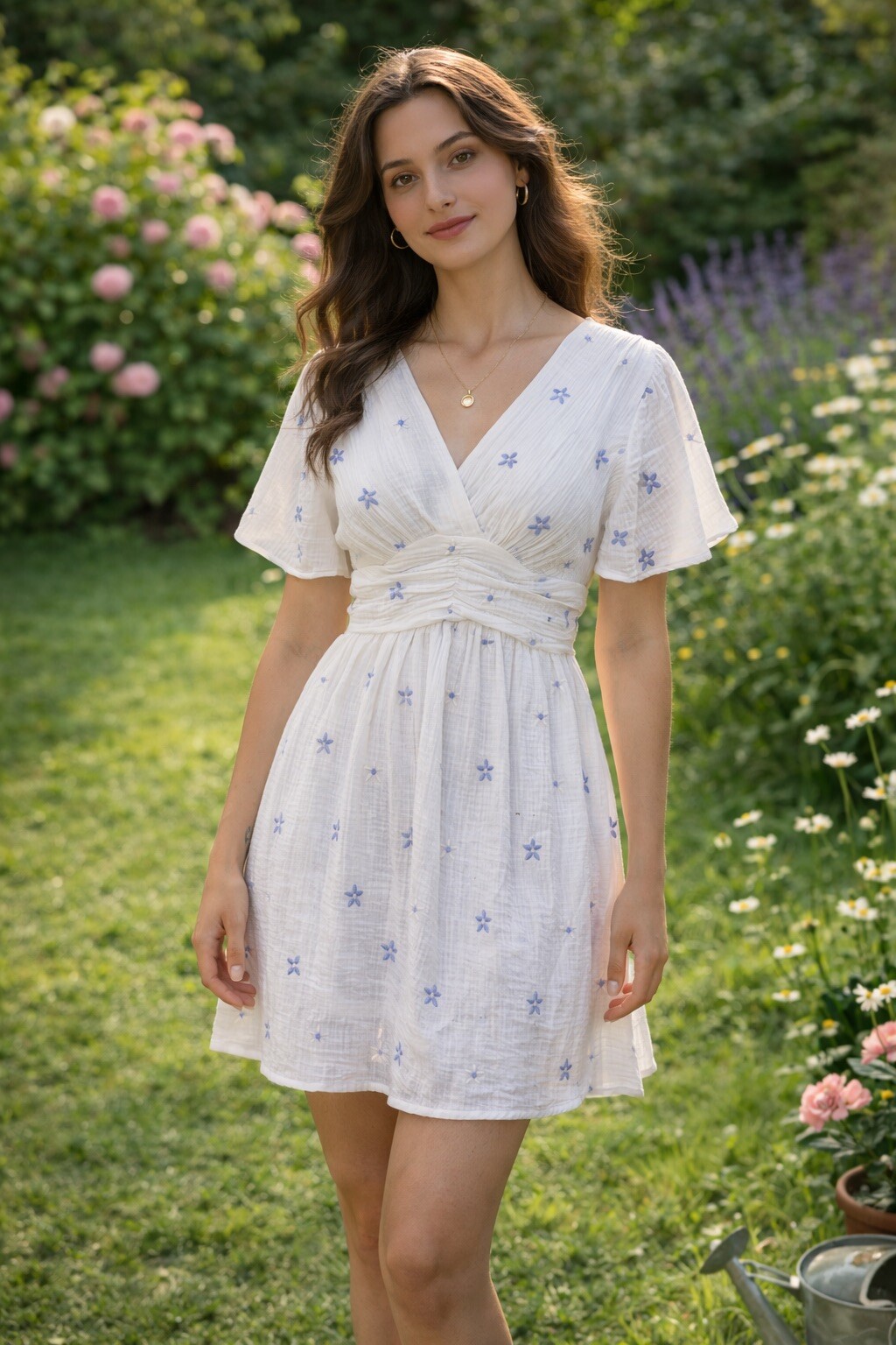 Grossiste AISABELLE - Tunique en gaze de coton brodée petites fleurs à manches courtes avec encolure cache-cœur, coupe fluide et légère pour un style estival et féminin.