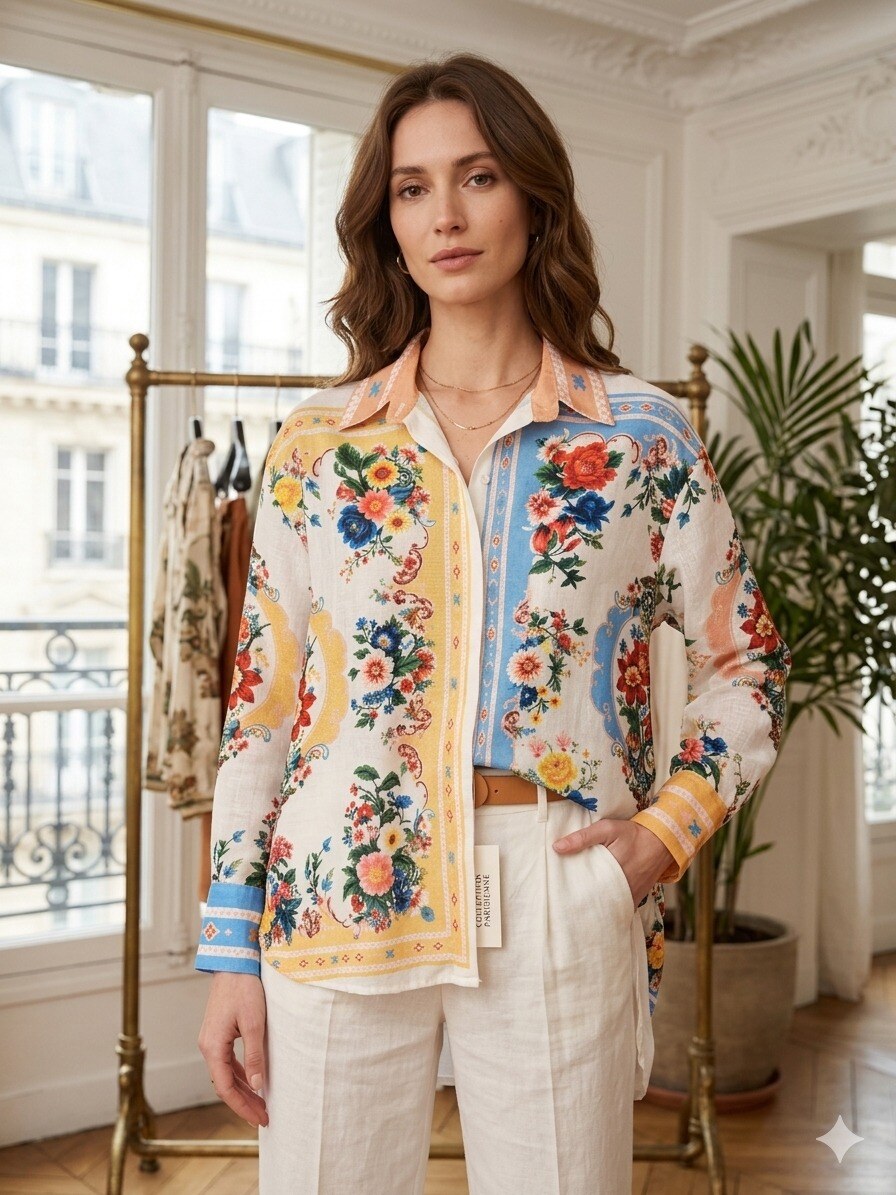 Wholesaler ALEX FASHION - Women's Summer Linen-Effect Shirt with Retro Floral Print