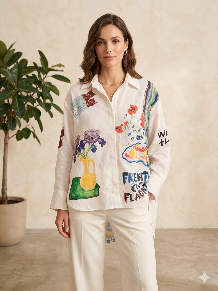 Wholesaler ALEX FASHION - Oversized Linen-Effect Blouse - Creative Multicolor Design