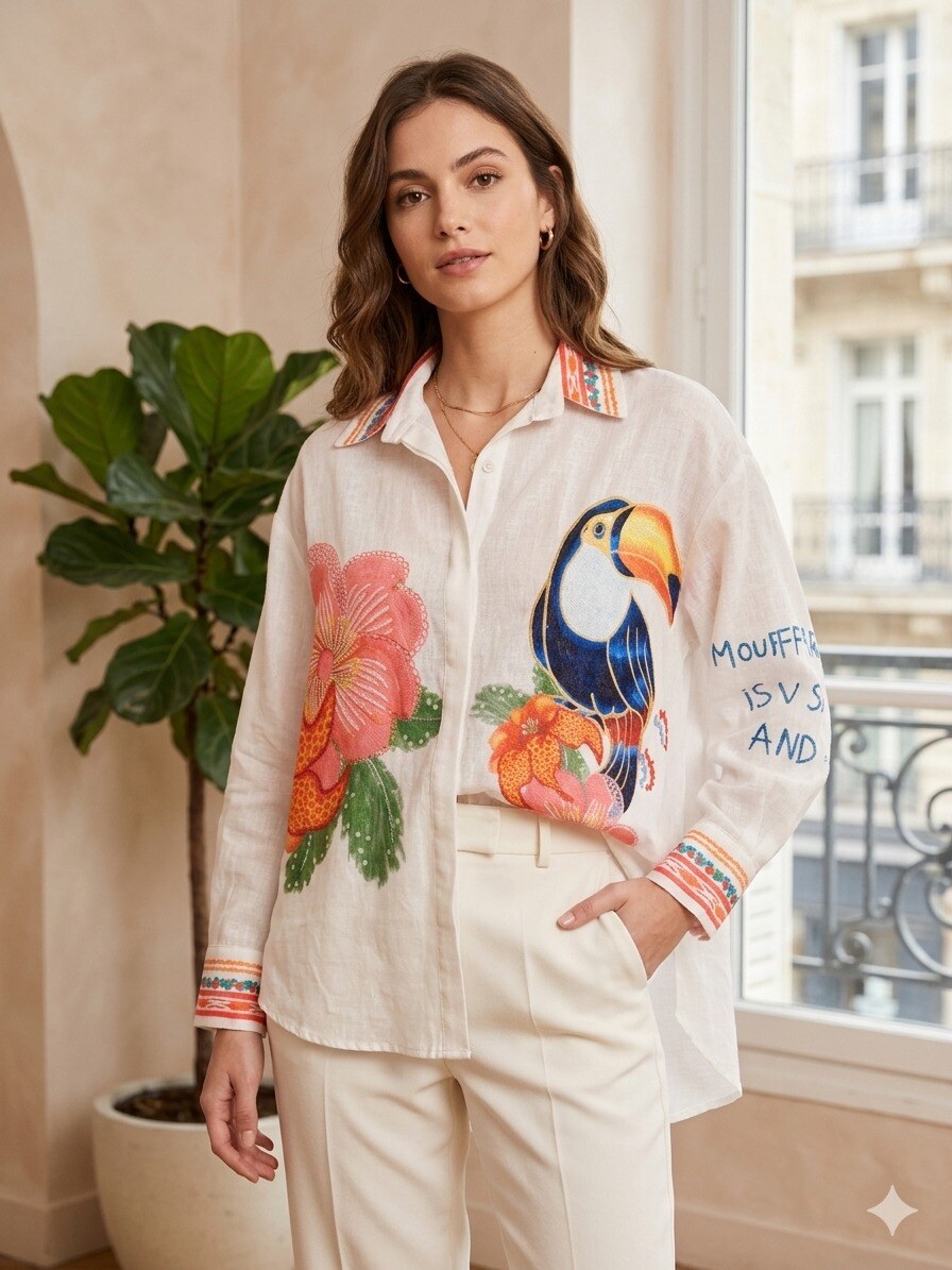 Wholesaler ALEX FASHION - Tropical Dream Linen-Effect Shirt with Toucan and Flowers