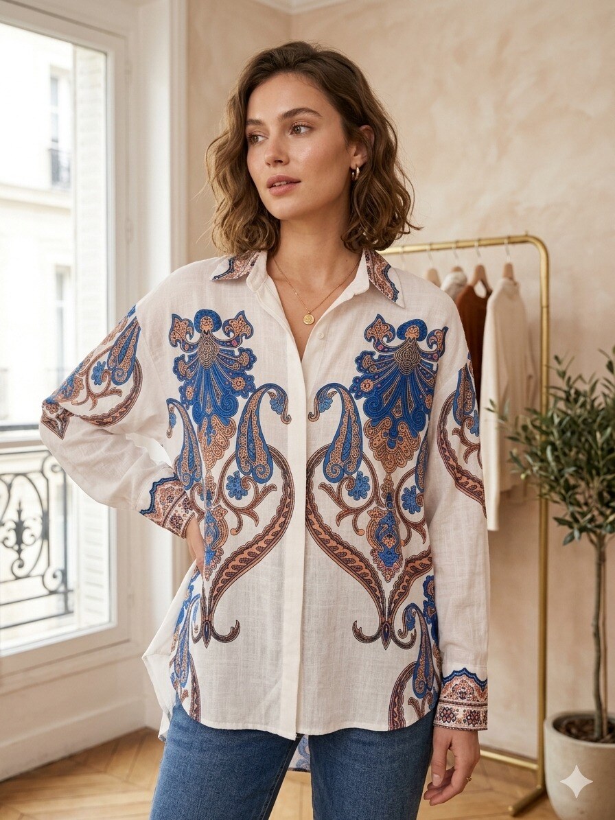 Wholesaler ALEX FASHION - Linen-Effect Shirt with Paisley Print and Ethnic Patterns