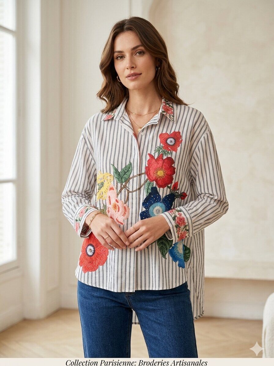 Wholesaler ALEX FASHION - Striped Linen-Effect Shirt with Floral Embroidery