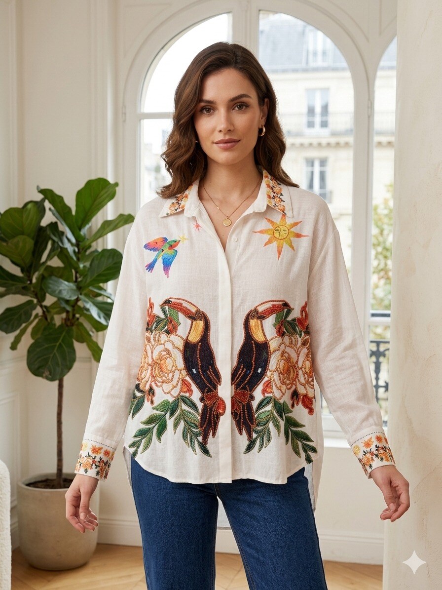 Wholesaler ALEX FASHION - Linen-Effect Shirt with Tropical Embroidery - Toucans and Flowers