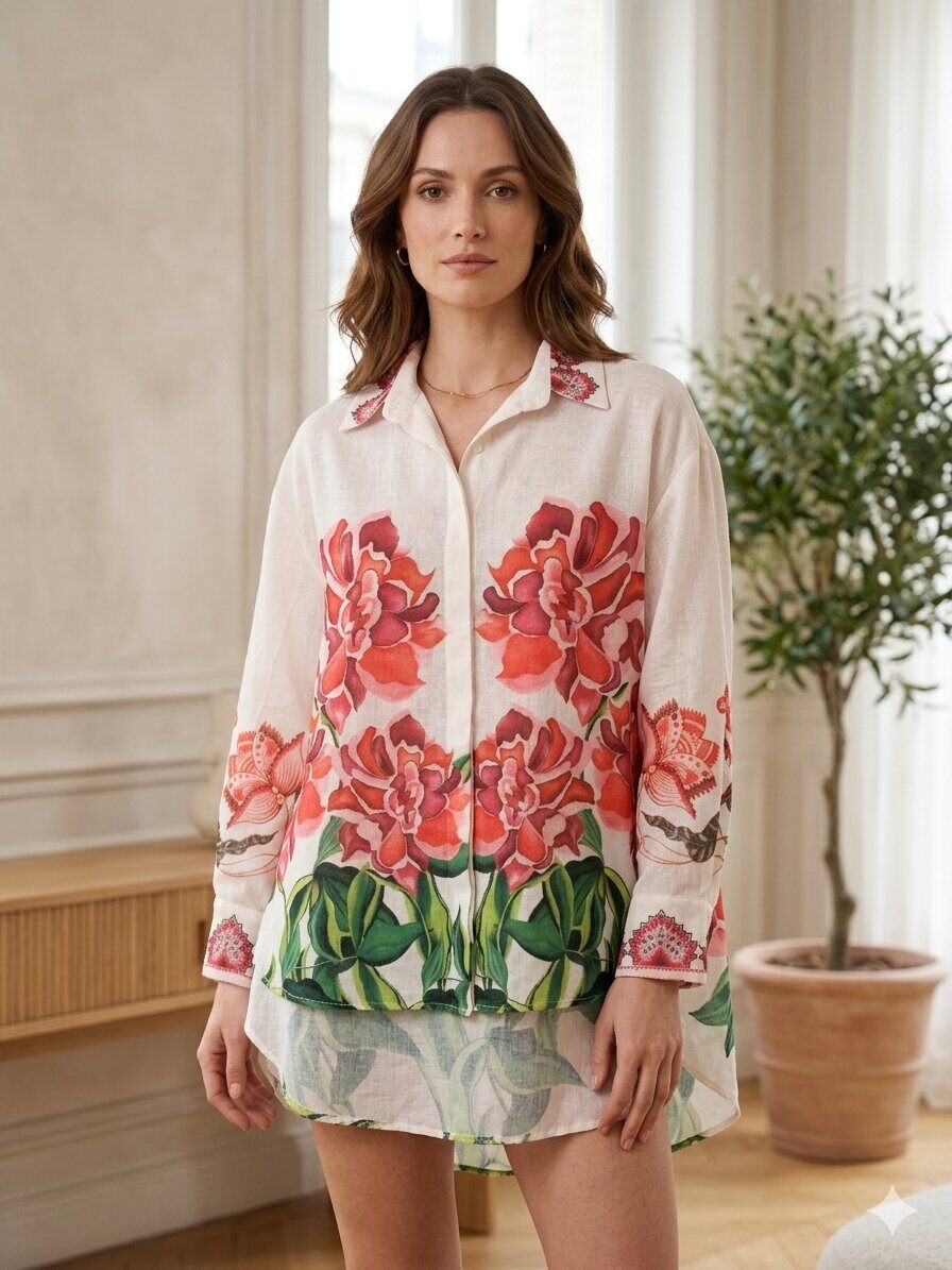 Großhändler ALEX FASHION - Hemd im Leinen-Look mit Maxi-Pfingstrosen und Retro-Blumenmustern