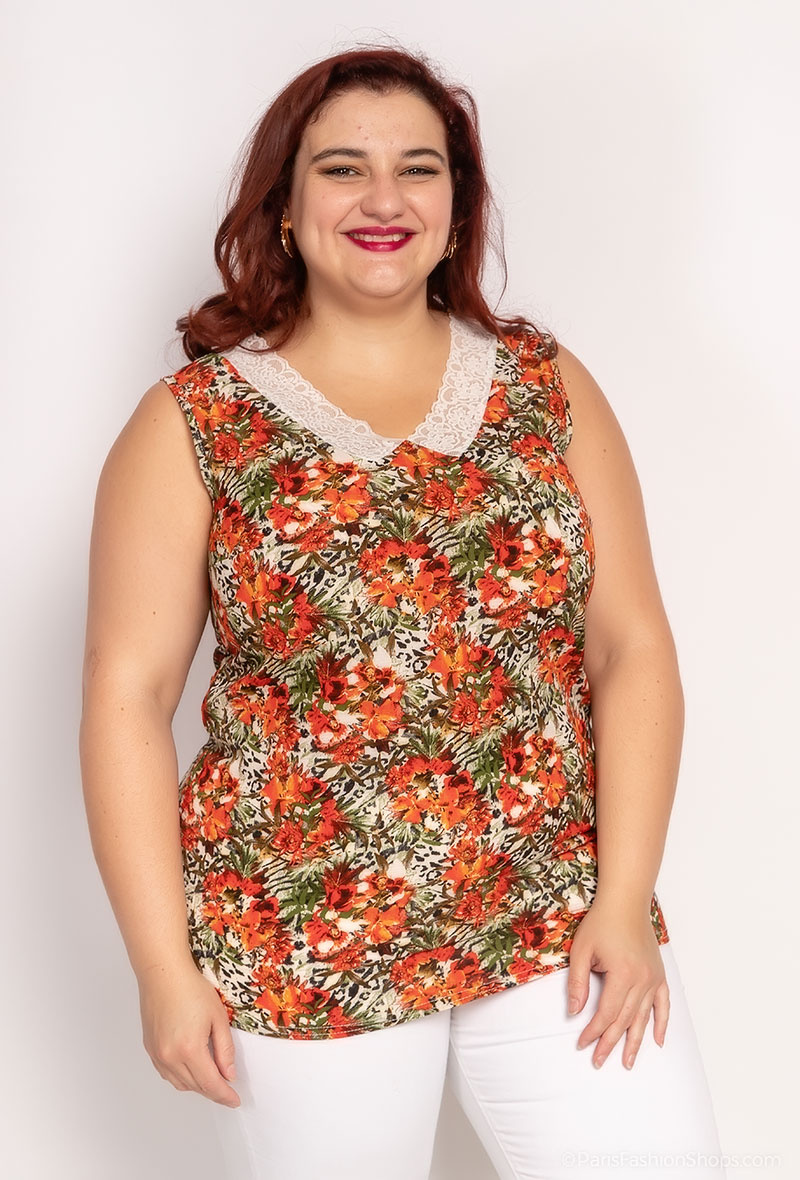 Wholesaler Alison B. Paris - Flower pattern top with lace collar ALISON B. PARIS Made In France