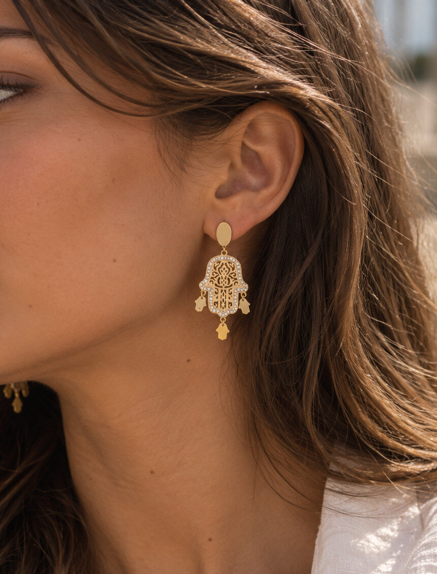 Mayorista Aliya Bijoux - Pendiente de mano oriental con strass.
