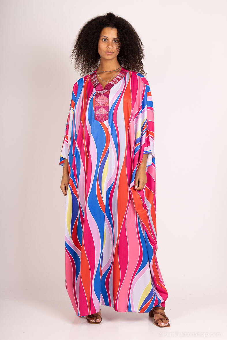 Grossista ALYA - ABAYA FARASHA CON STAMPE MULTICOLOR E STRASS SULLA SCOLLO