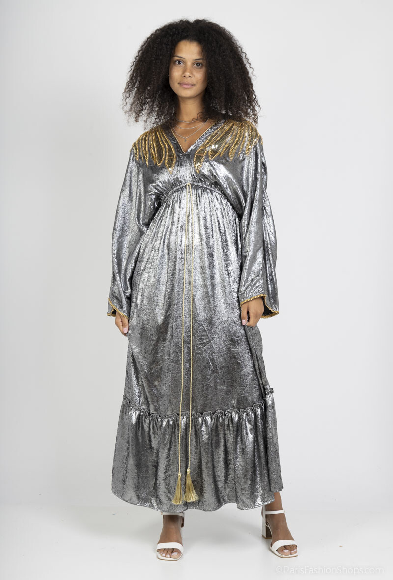 Grossista ALYA - Abito Abaya con effetto riflesso e perline dorate sul colletto