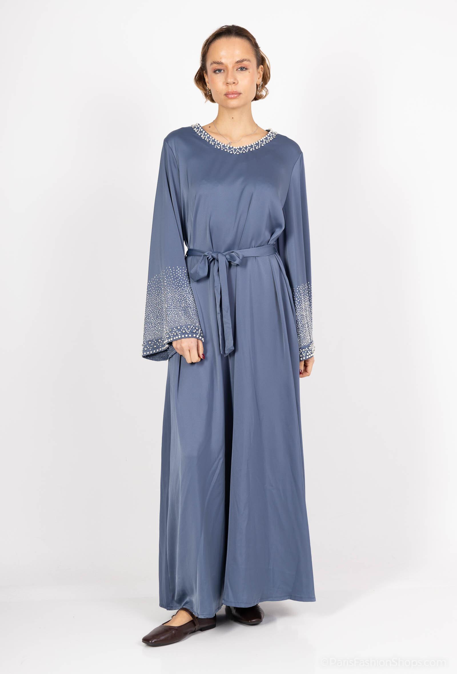 Grossista ALYA - Abito abaya con strass sul colletto e sulle maniche