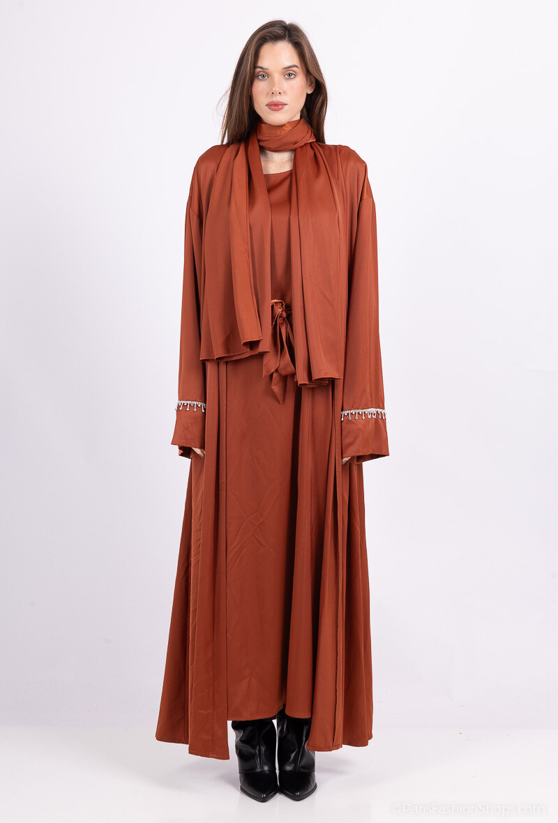 Grossista ALYA - Titolo: Elegante Abaya in 3 pezzi con strass cadenti sulle maniche