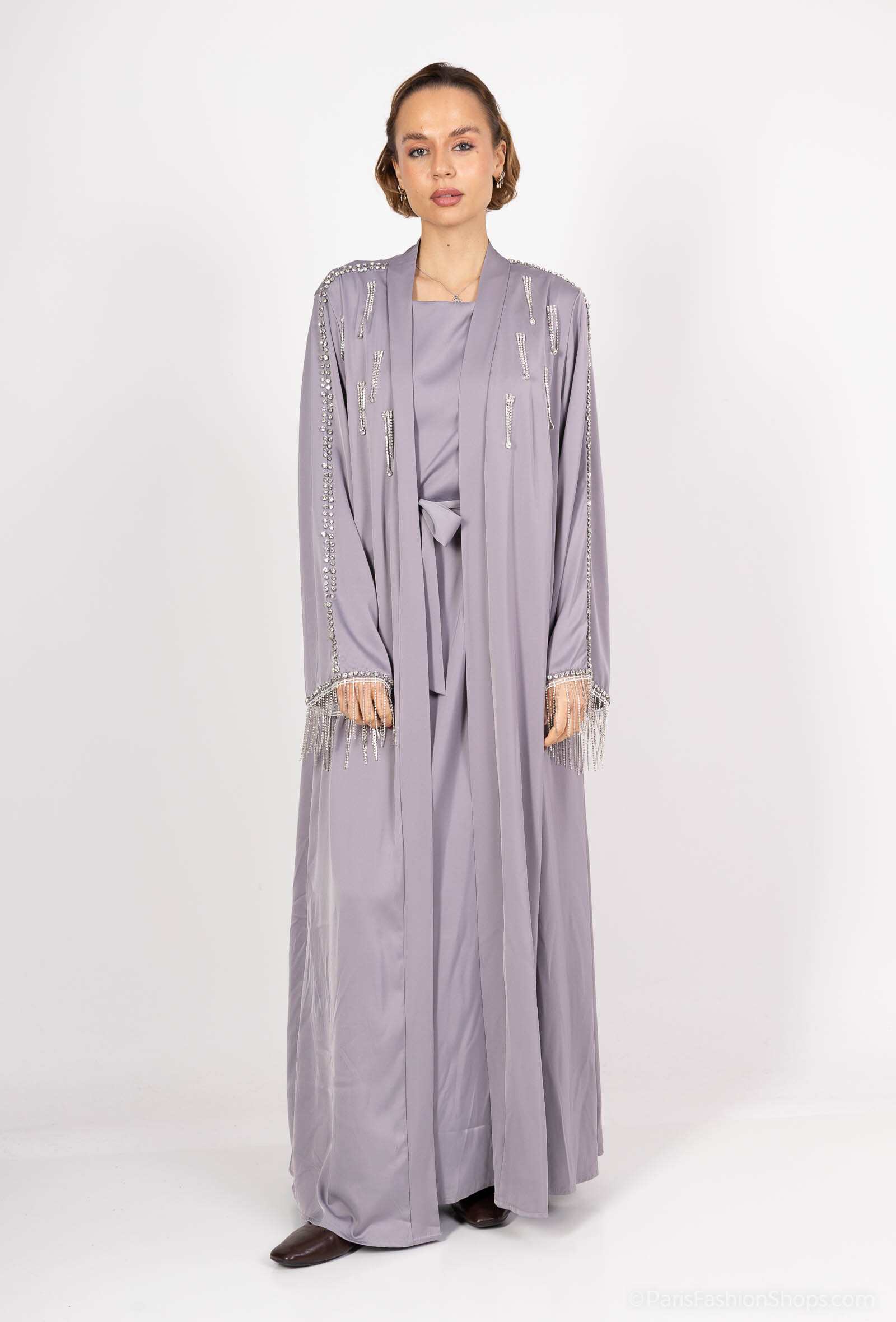 Grossista ALYA - Abito abaya con cristalli sulle maniche e brillanti strass