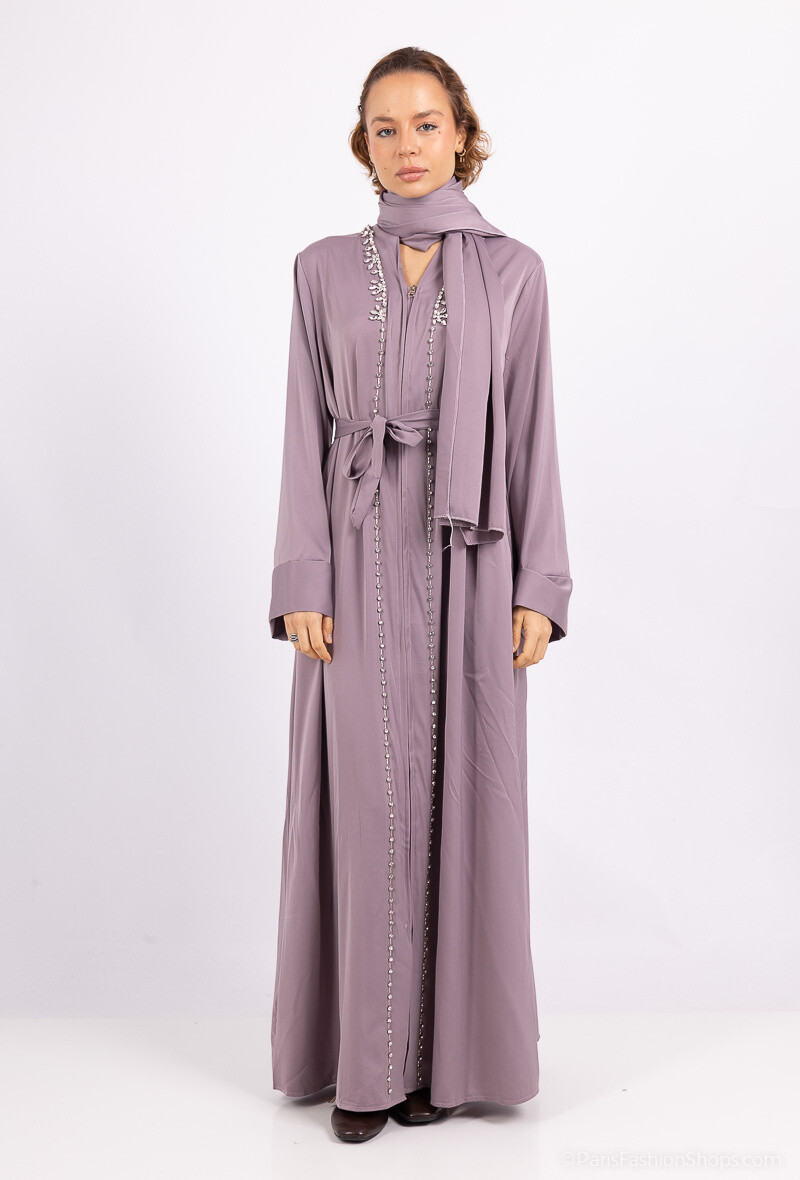 Grossista ALYA - Abito Abaya con zip e perline su tutta la lunghezza