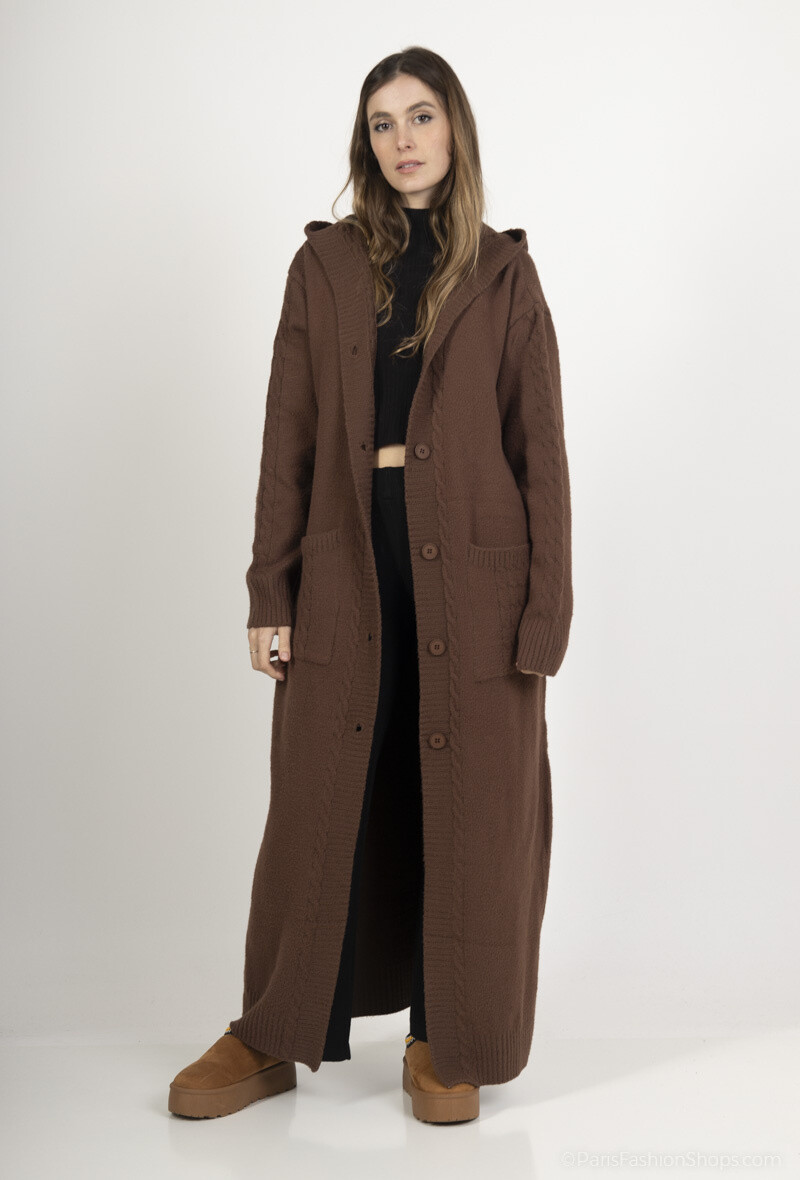 Grossiste ALYA - Cardigan Long en Grosse Maille avec Capuche