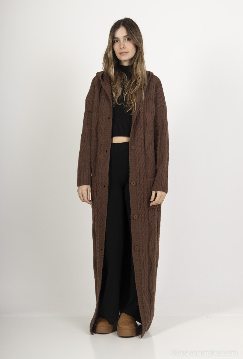 Grossiste ALYA - Cardigan Long en Grosse Maille avec Capuche