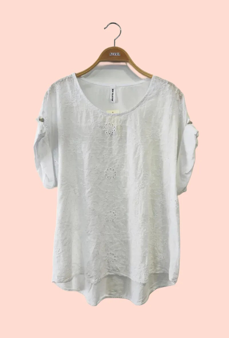 Wholesaler Alyra - Embroidered cotton blouse, short sleeves, relaxed summer style