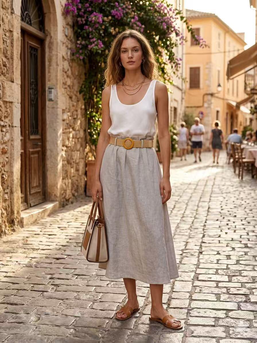 Wholesaler ALYSSA srl - CLASSIC LINEN SKIRT WITH BELT