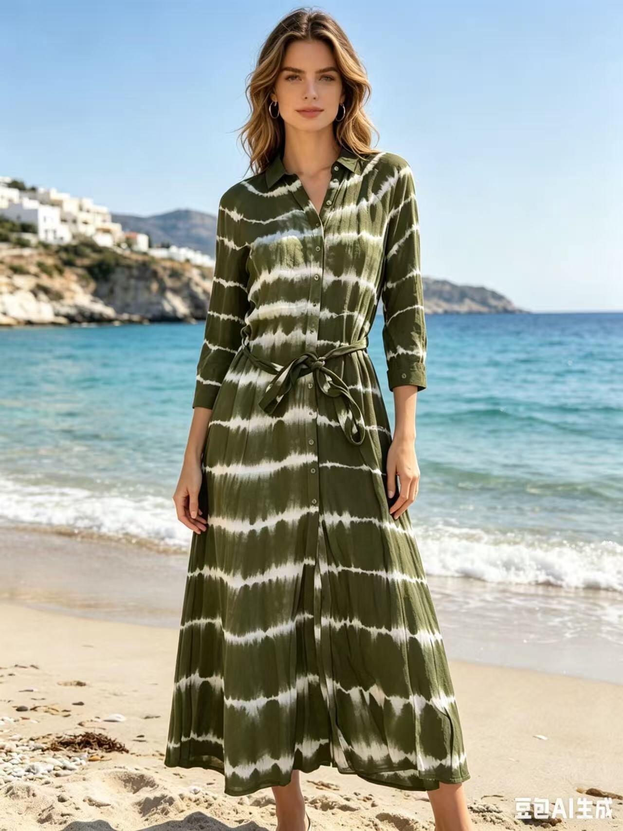 Mayorista ALYSSA srl - VESTIDO DE MUJER ABOTONADO DELANTERO CON CINTURÓN DE ESTAMPADO COLORIDO