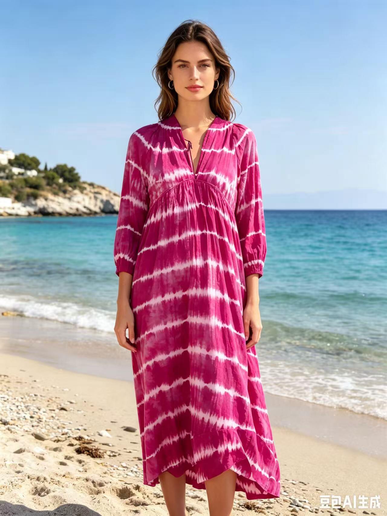 Mayorista ALYSSA srl - VESTIDO LARGO DE MUJER CON MANGAS CORTAS Y ESTAMPADO COLORIDO