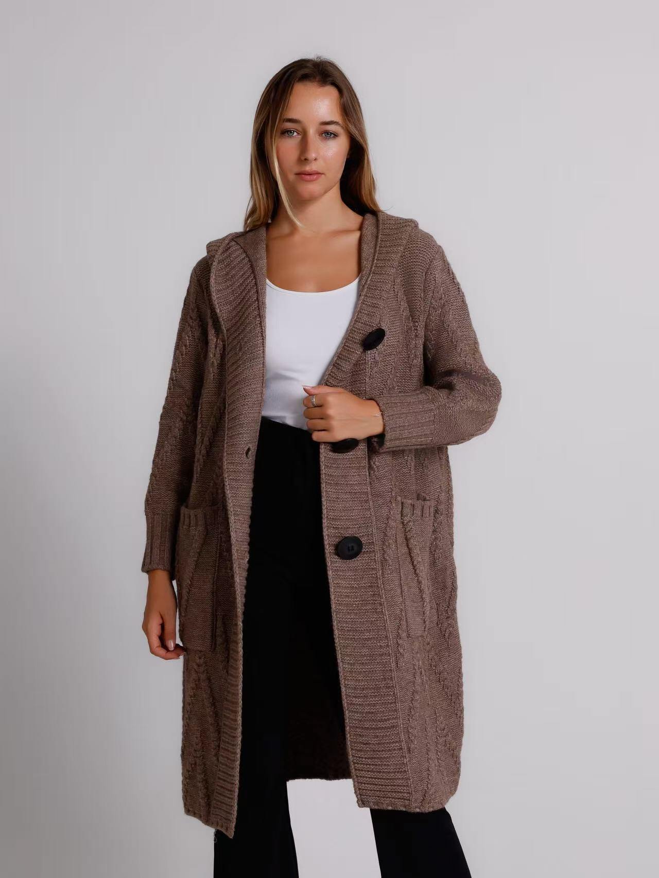 Wholesaler ALYSSA srl - GEOMETRIC HOODED CARDIGAN SWEATER
