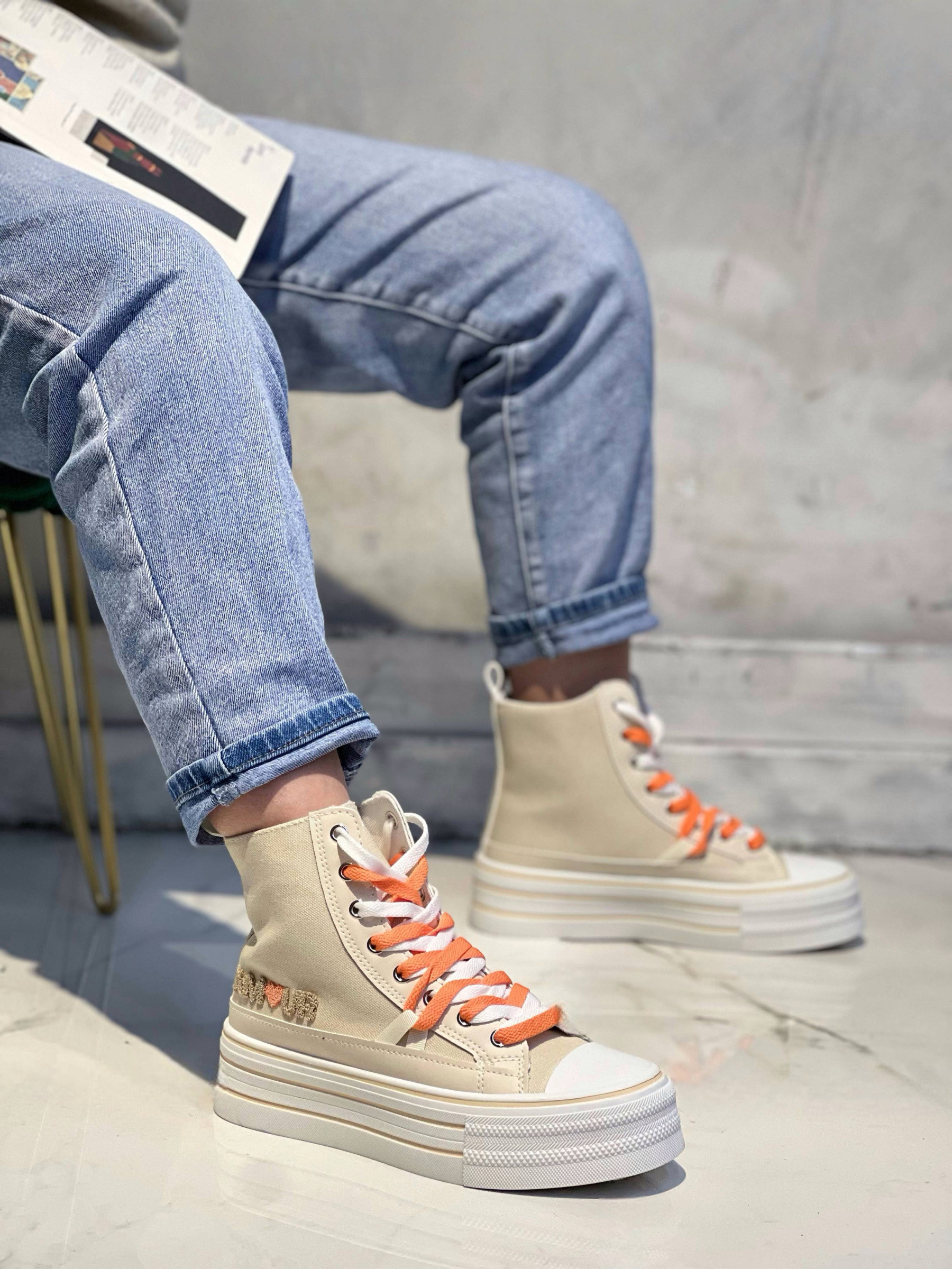 Wholesaler AMANDA SHOES - HIGH-TOP SNEAKER WITH THICK SOLE IN DENIM FABRIC WITH LACES