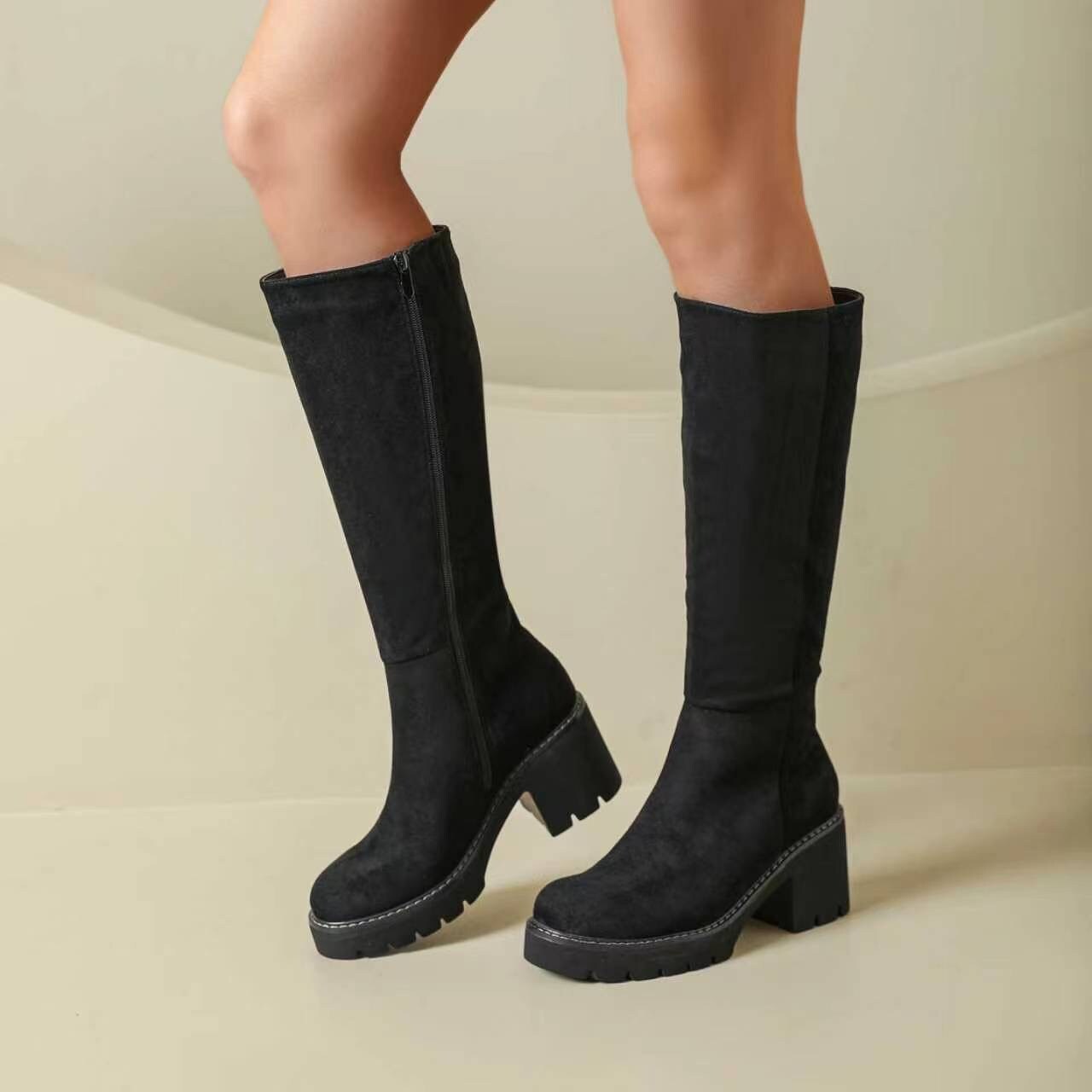 Wholesaler AMANDA SHOES - High boots with medium heel in suede with full-length zippers