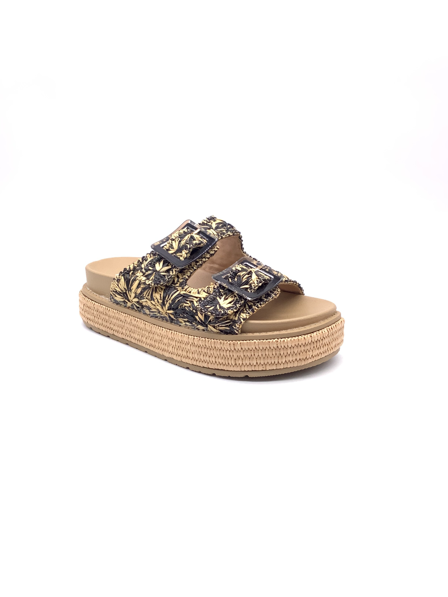 Wholesaler AMANDA SHOES - HIGH-HEELED SLIDES WITH ADJUSTABLE BUCKLES AND SYNTHETIC STRAW BAND