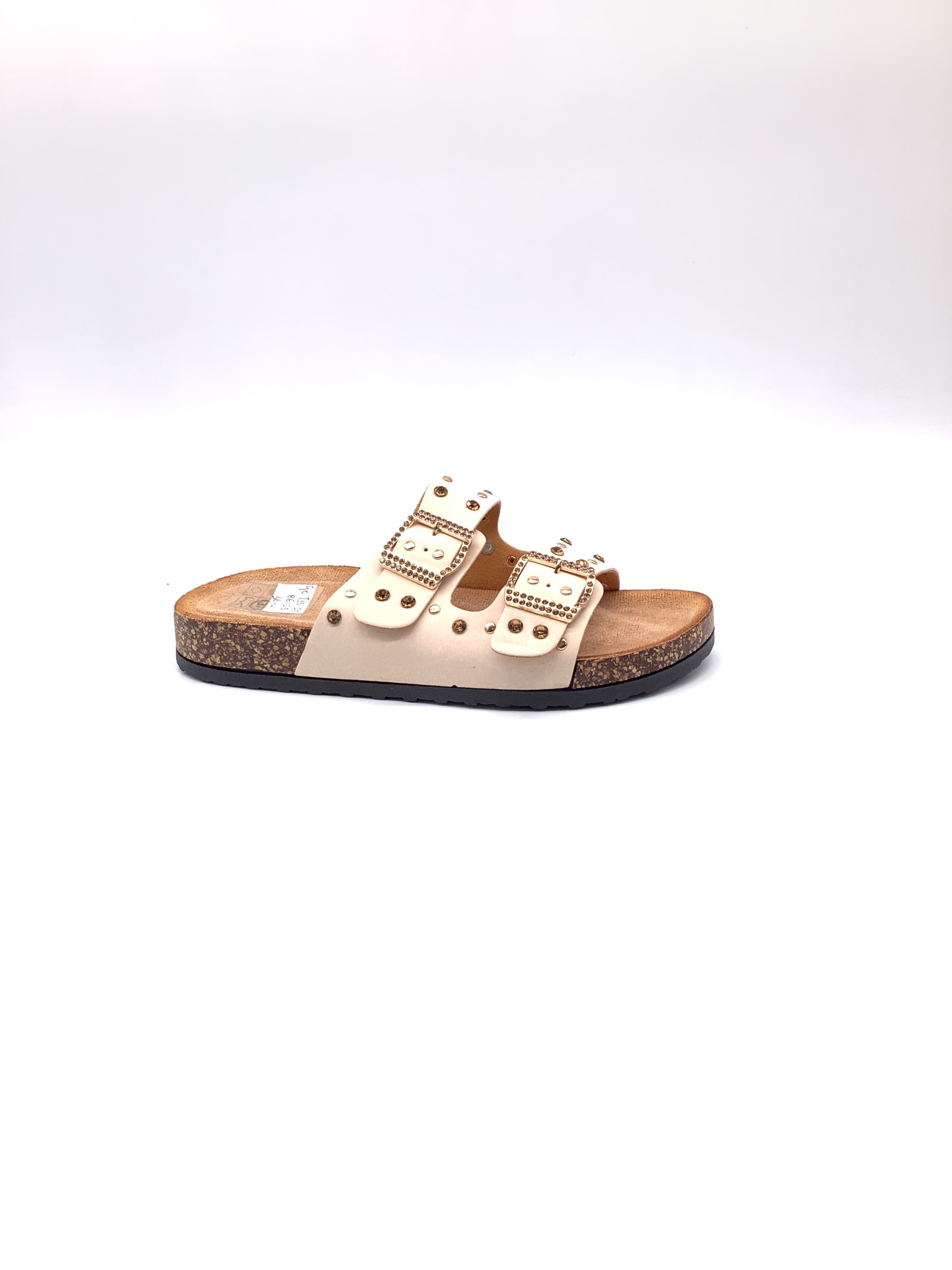 Mayorista AMANDA SHOES - ZAPATILLA CÓMODA DE DOBLE HEBILLA CON TACHUELAS Y STRASS Y SUELA DE CORCHO