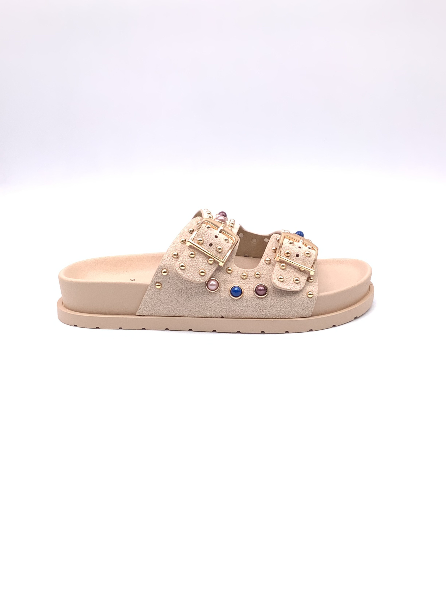 Wholesaler AMANDA SHOES - SLIPPERS RUBBER SOLE 2.5 CM AND ADJUSTABLE STRAPS, GOLD STUDS AND COLORED PEARLS