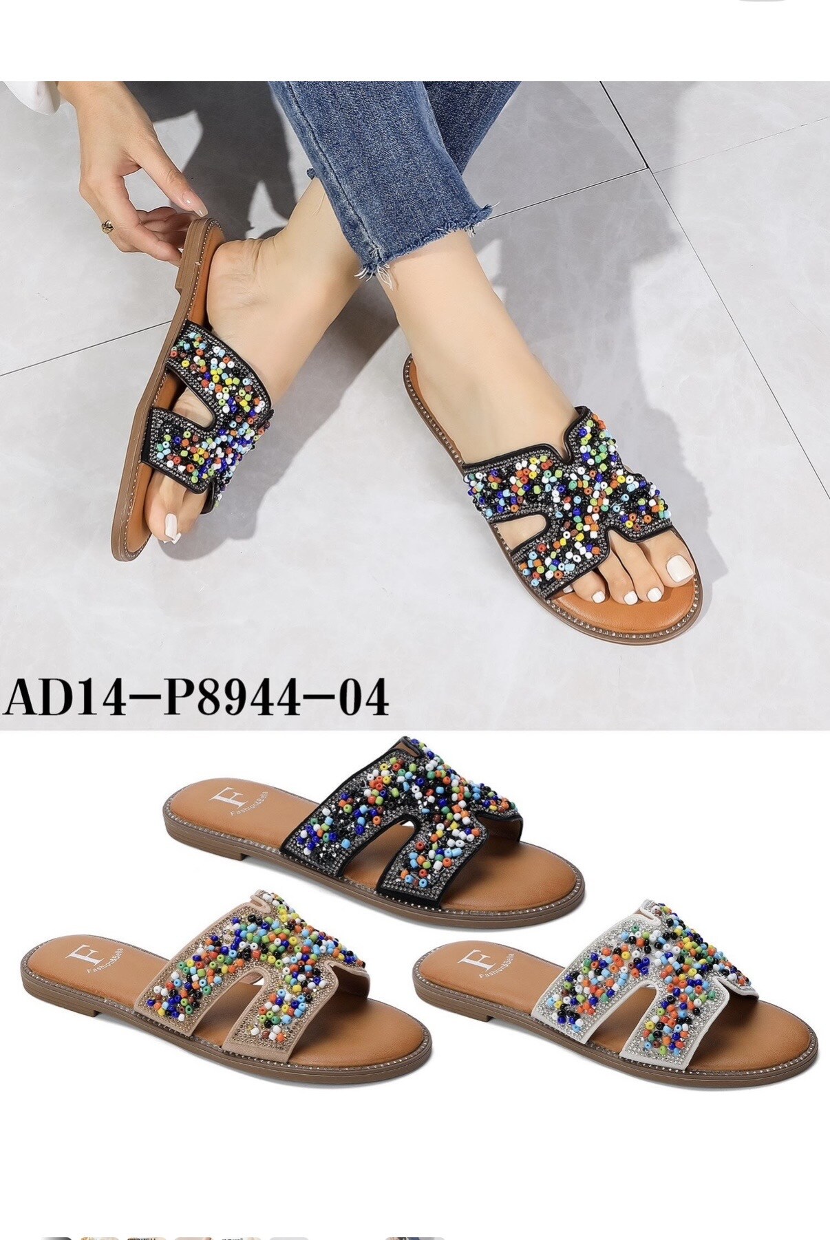 Wholesaler AMANDA SHOES - FLAT SLIDE SANDAL WITH COLORED BEADS