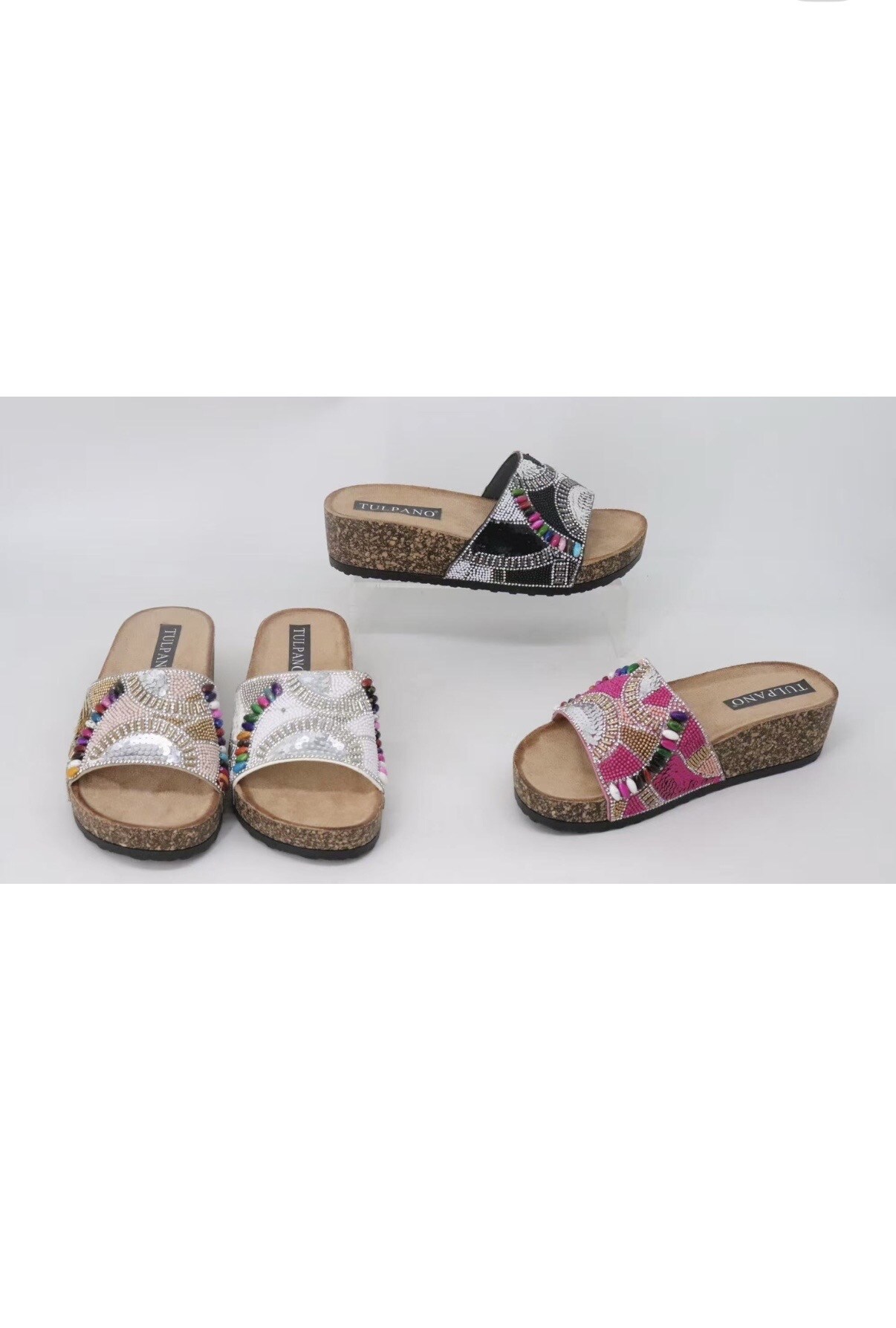 Wholesaler AMANDA SHOES - MID-HEEL SLIDES WITH COLORED STRAP AND BEADS