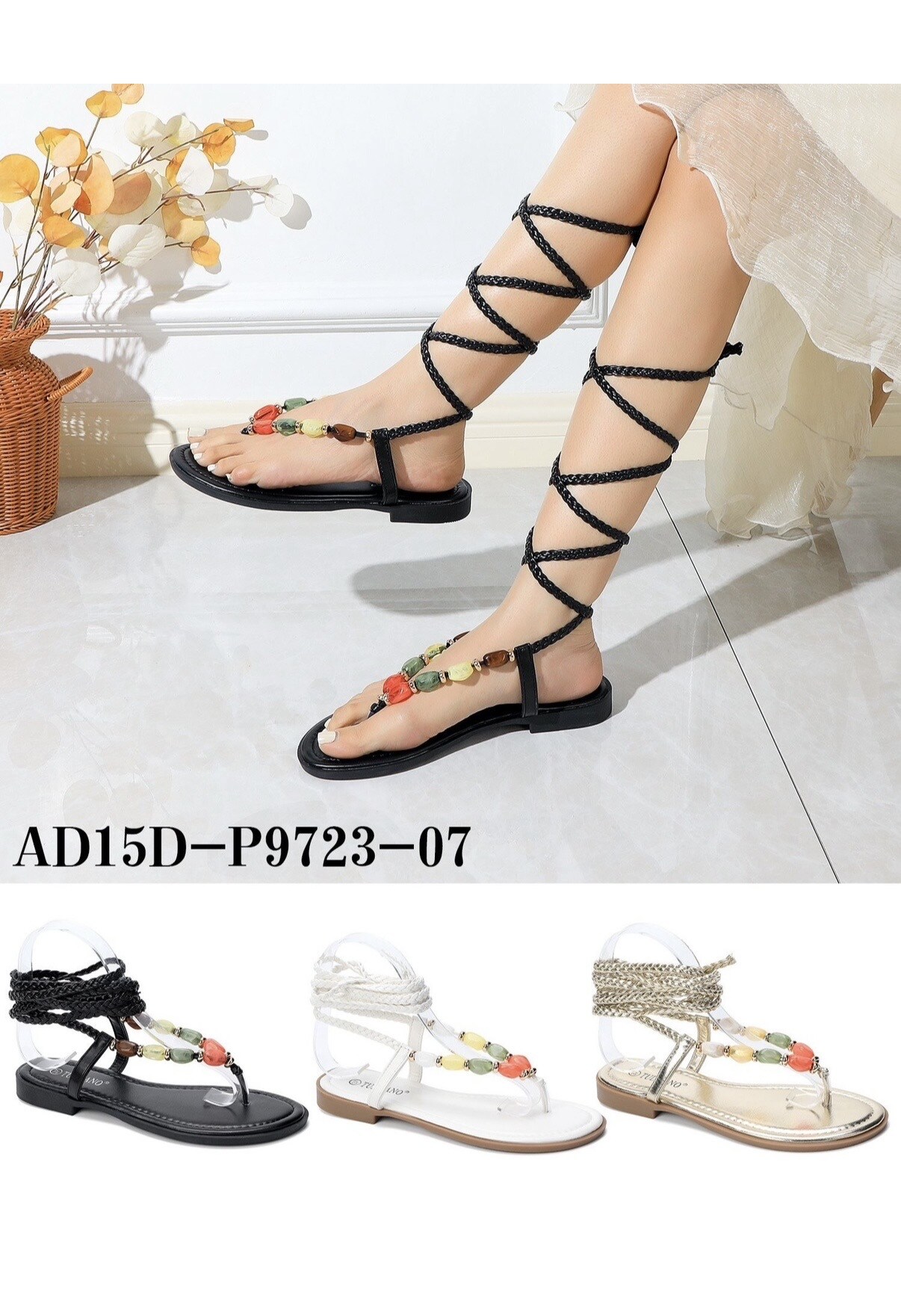 Wholesaler AMANDA SHOES - Thong sandals with colorful stones and laces