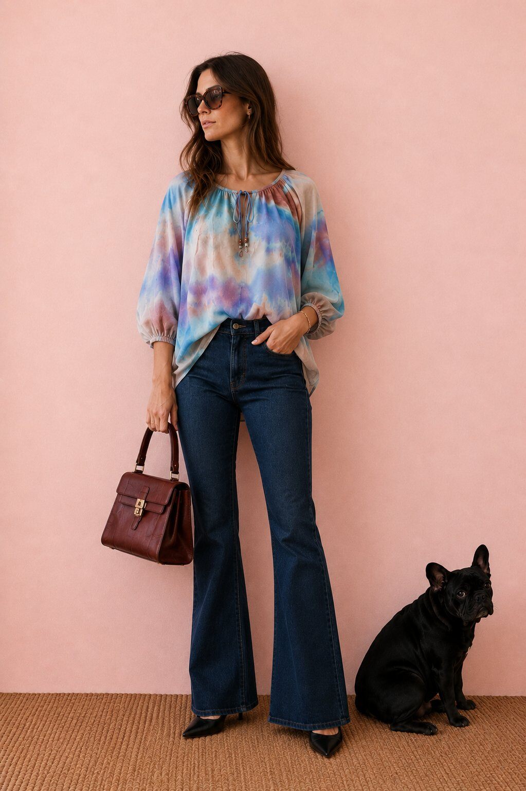 Grossista AMARIA - Blusa donna fluida con stampa tie-dye, maniche a sbuffo e colletto con laccio boho-chic - Collezione primavera estate 2026 - Made in Italy