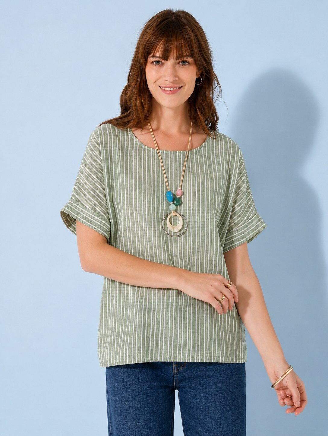 Grossista AMARIA - Top oversize a righe con collo rotondo e maniche a pipistrello in stile boho fluido - COTONE/LINO