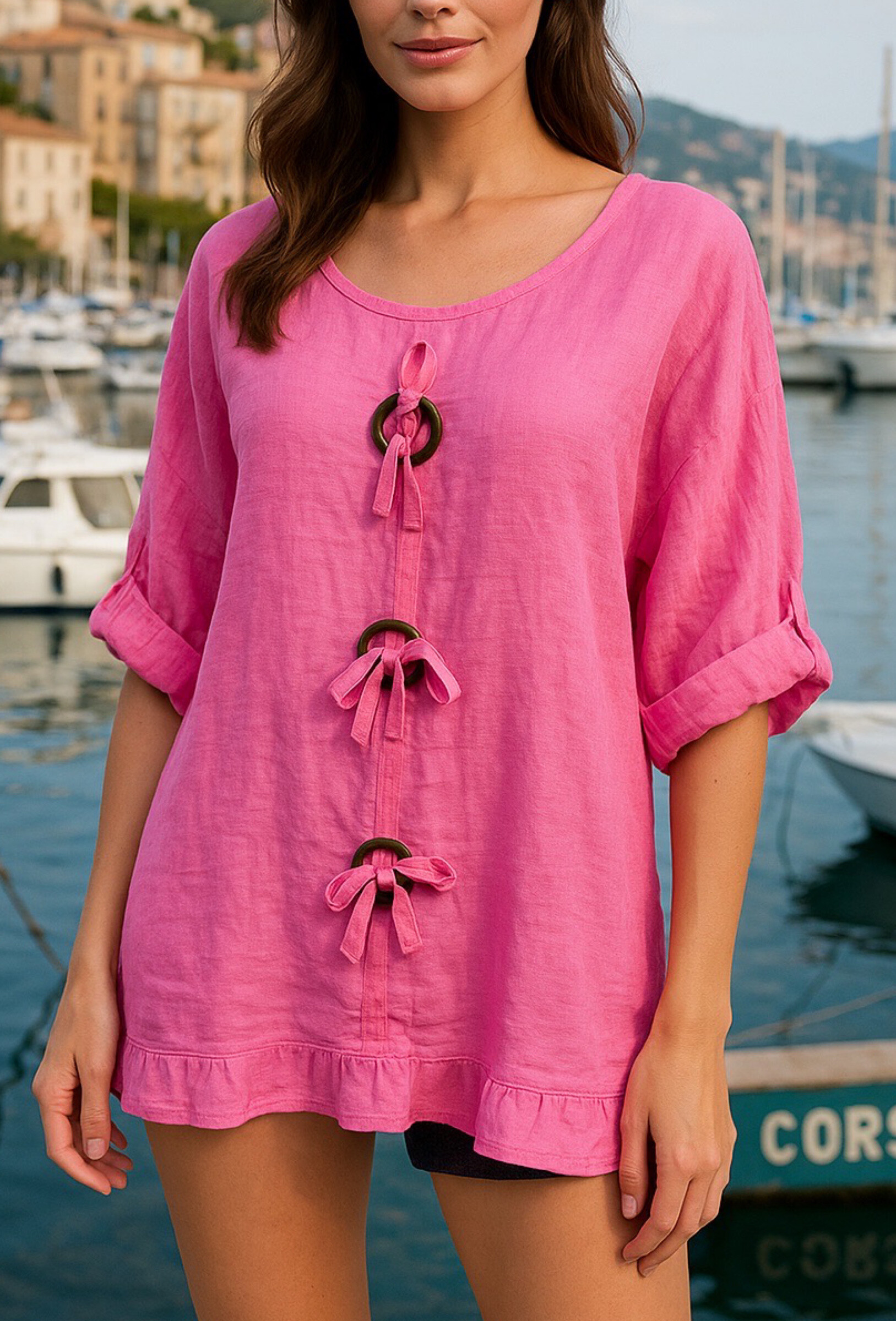 Grossiste AMARIA - Blouse en lin avec nœuds décoratifs –