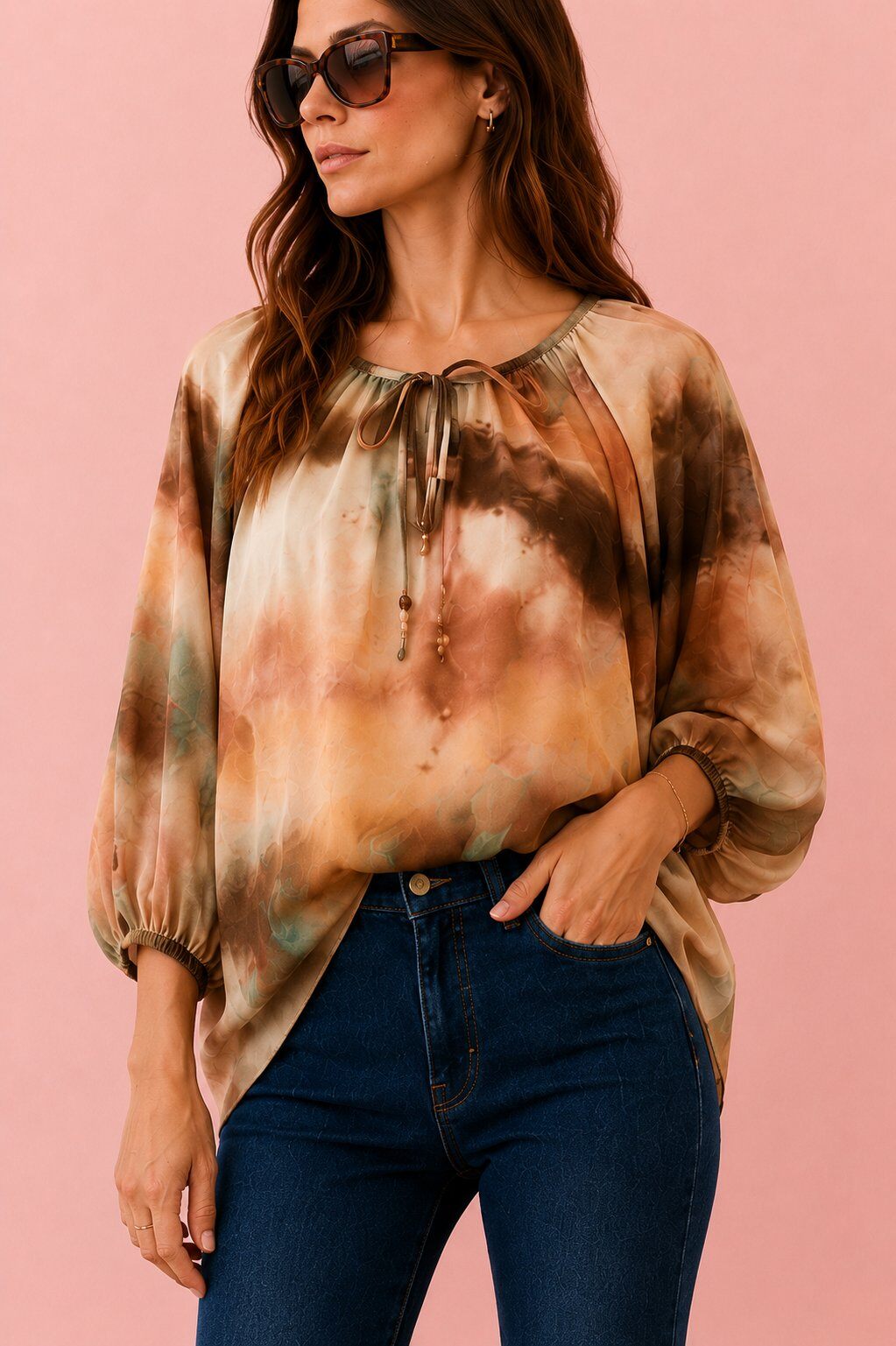 Wholesaler AMARIA - Women's flowy blouse with tie-dye print, puff sleeves, and boho-chic tie collar - Spring Summer 2026 Collection - Made in Italy