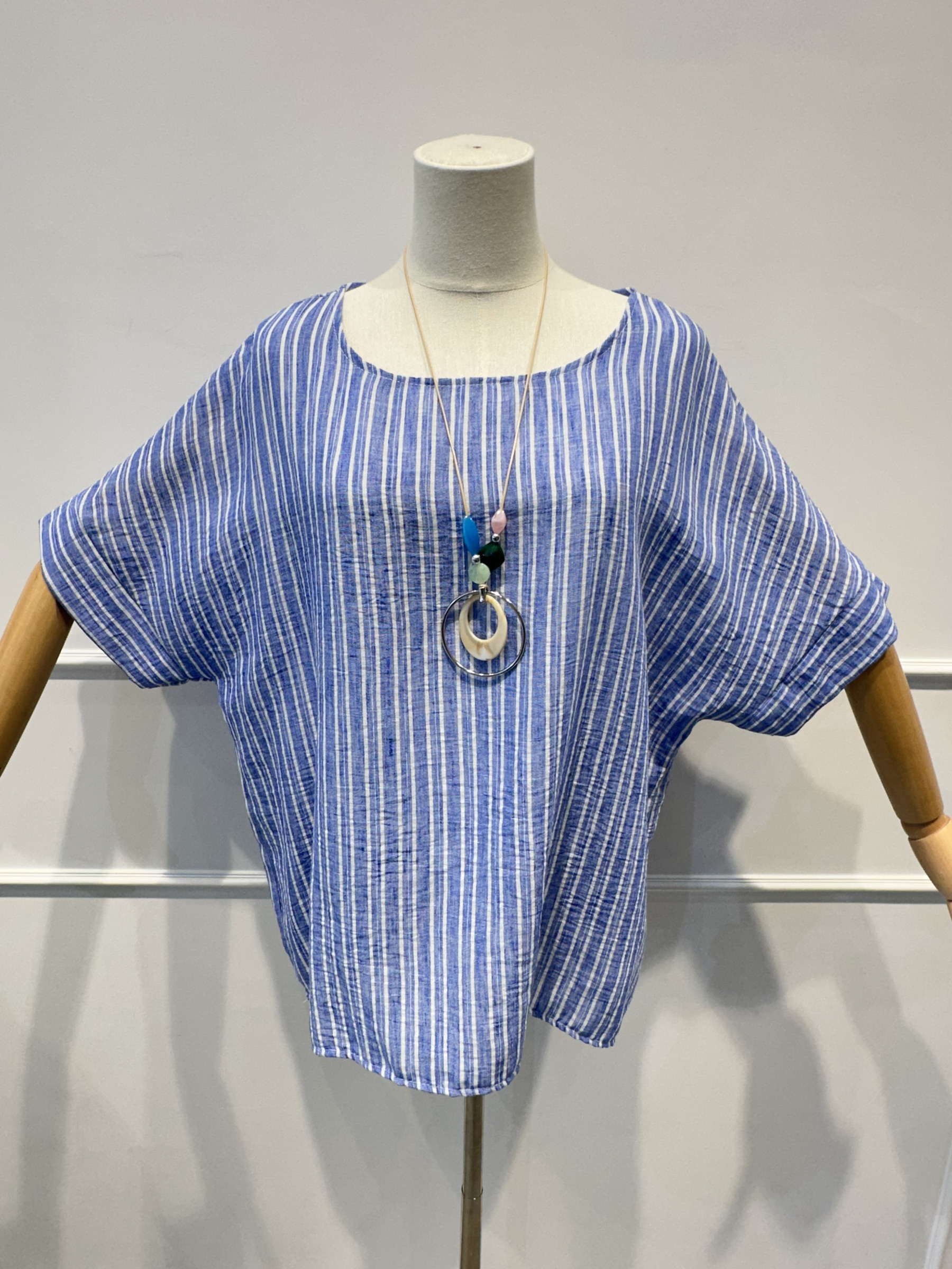Wholesaler AMARIA - Oversized striped top with round neck and batwing sleeves, bohemian fluid style - COTTON/LINEN