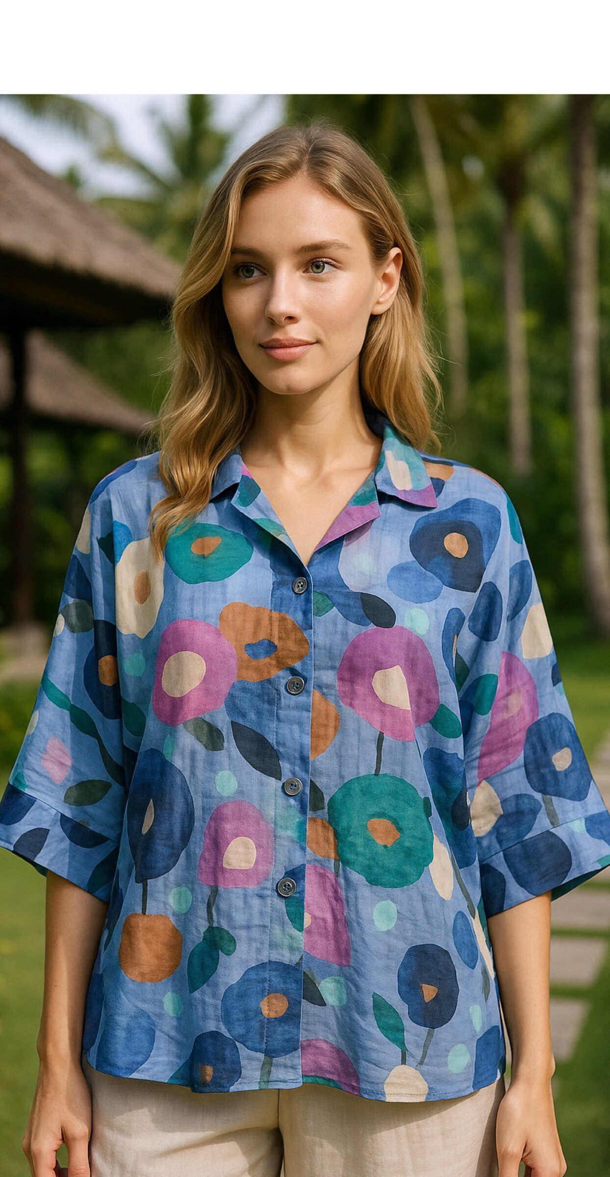 Grossiste AMARIA - Chemise ample imprimé fleurs artistiques – Esprit bohème coloré