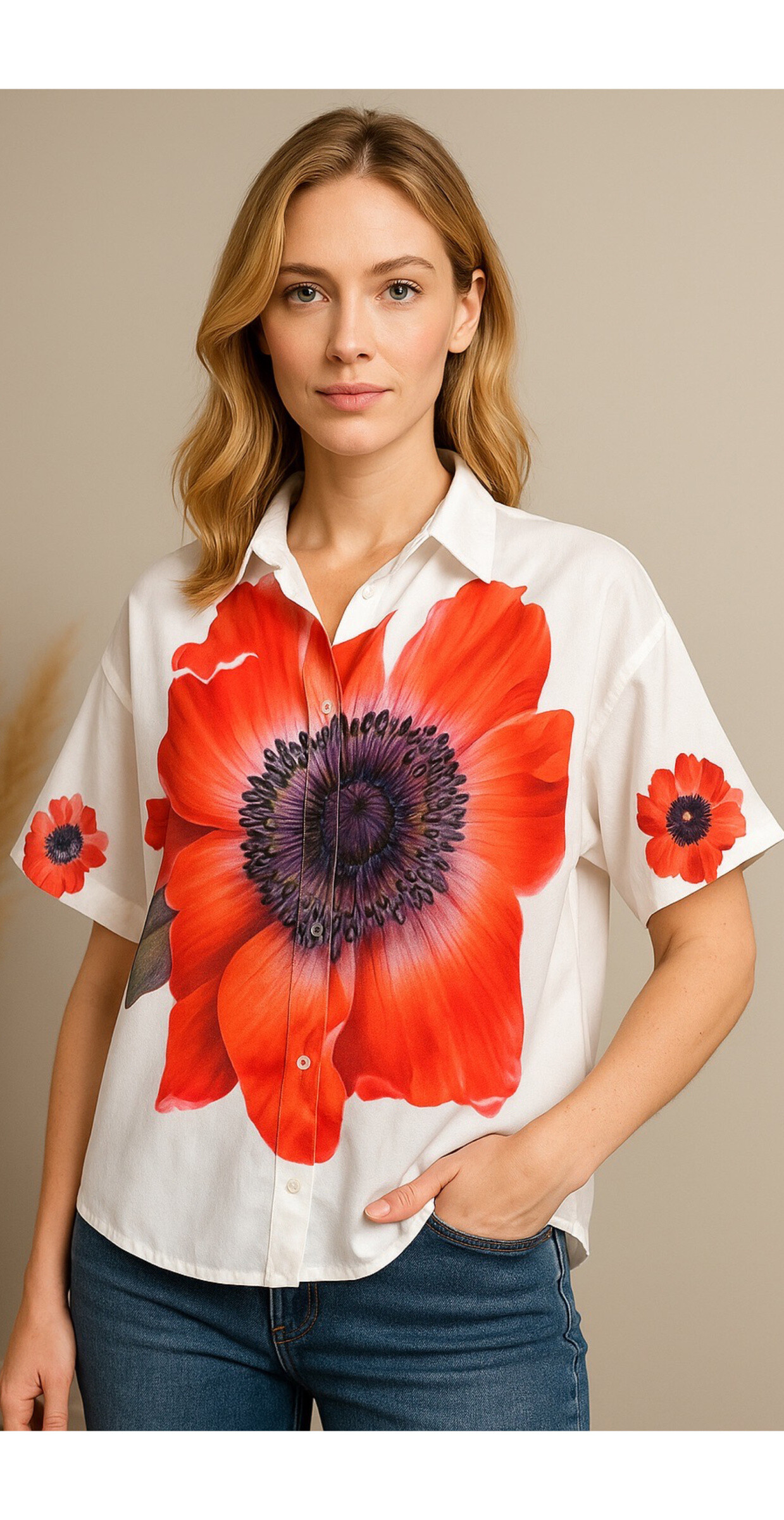 Wholesaler AMARIA - Large linen short -linen sleeves shirt prints flower