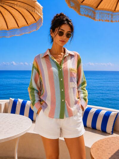 Grossiste AMARIA - Chemise Femme Rayée Multicolore en Lin Mélangé – Made in Italy - 100% coton Grossiste AMARIA - Chemise Femme Rayée Multicolore en Lin Mélangé – Made in Italy - 100% coton